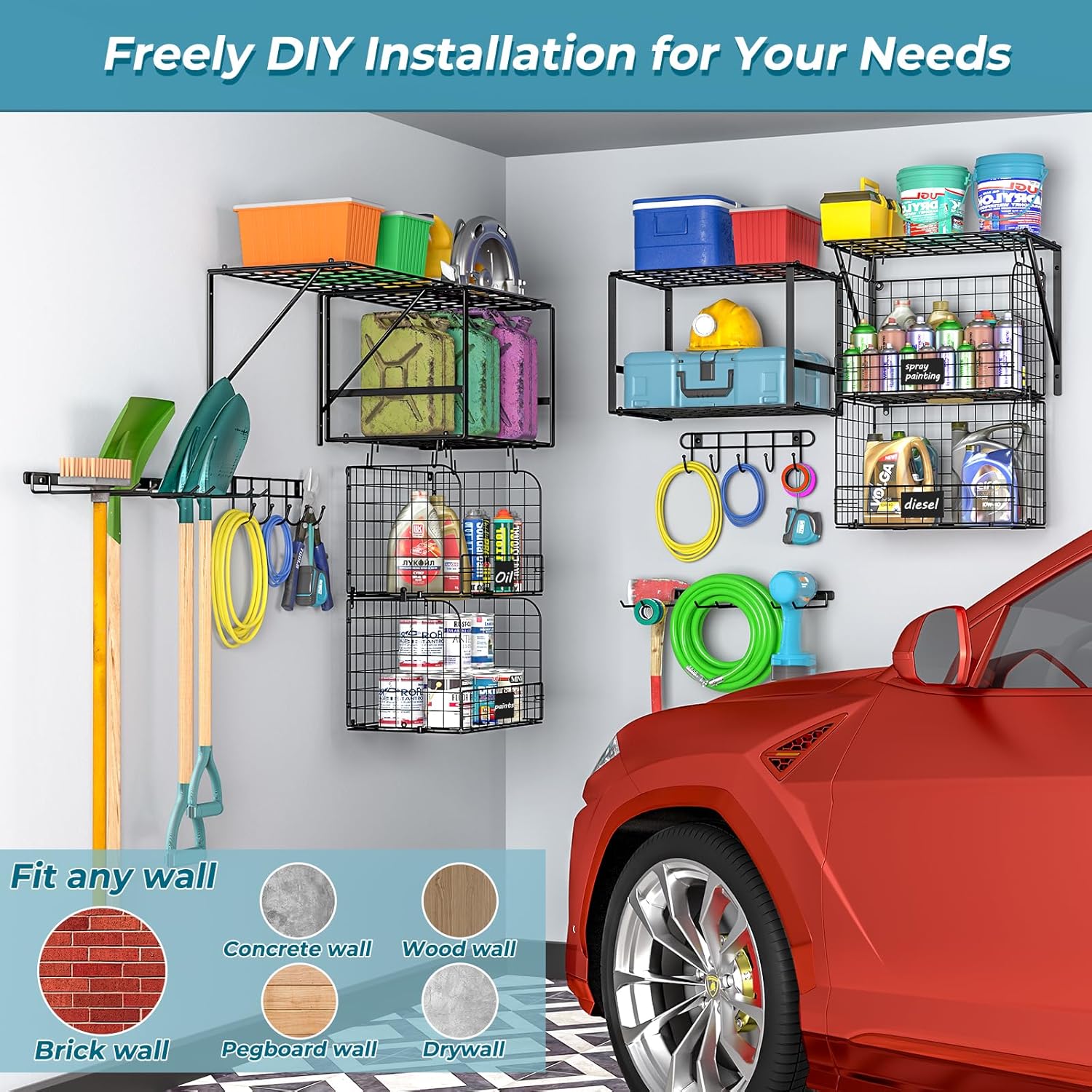 ThreeHio Garage Shelf Wall Mounted with Wire baskets, Heavy Duty Garage Wall Shelving with Garden Tool Rack and Hooks, Wire Shelf Baskets Tool Organizer for Home Garden Yard Organization and Storage