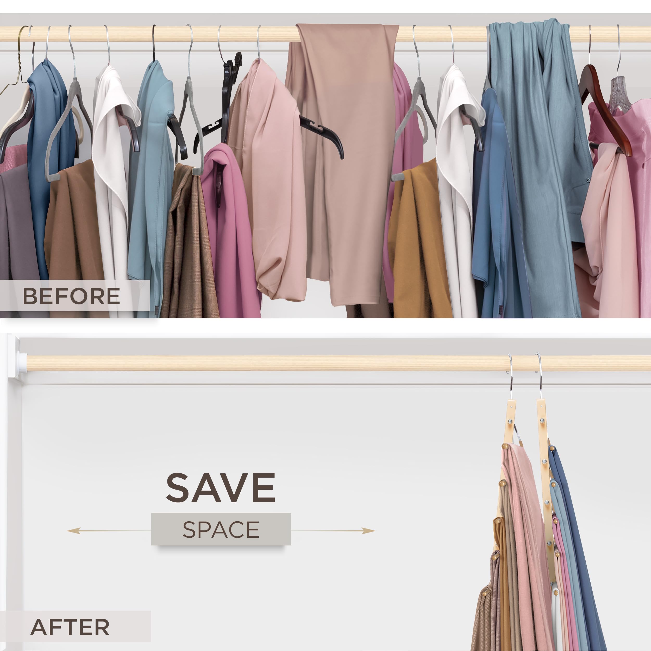 MORALVE Pants Hangers Space Saving - 2 Pack European Beechwood Scarf and Jean Hangers - Closet Organizer and Space Saver Pant Rack, Leggings Hanger, and Scarf Holder with 360° Swivel Hook
