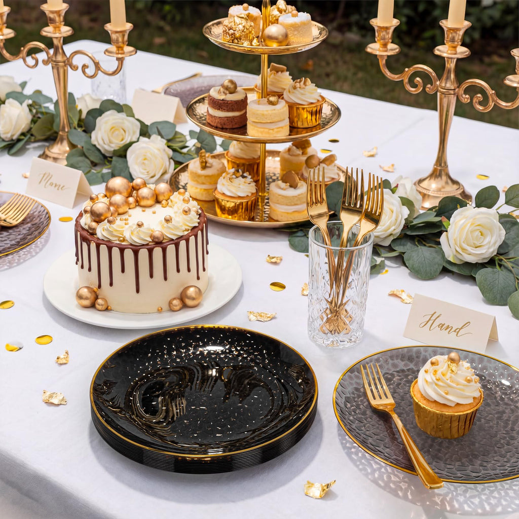 DaYammi 240Pcs Gold Plastic Plates Including 120Pcs Dessert Plates and 120Pcs Cake Forks,Hammered Party Plate,Clear Gold Appetizer plates Heavy duty Disposable Plastic Plate for Party Wedding Birthday