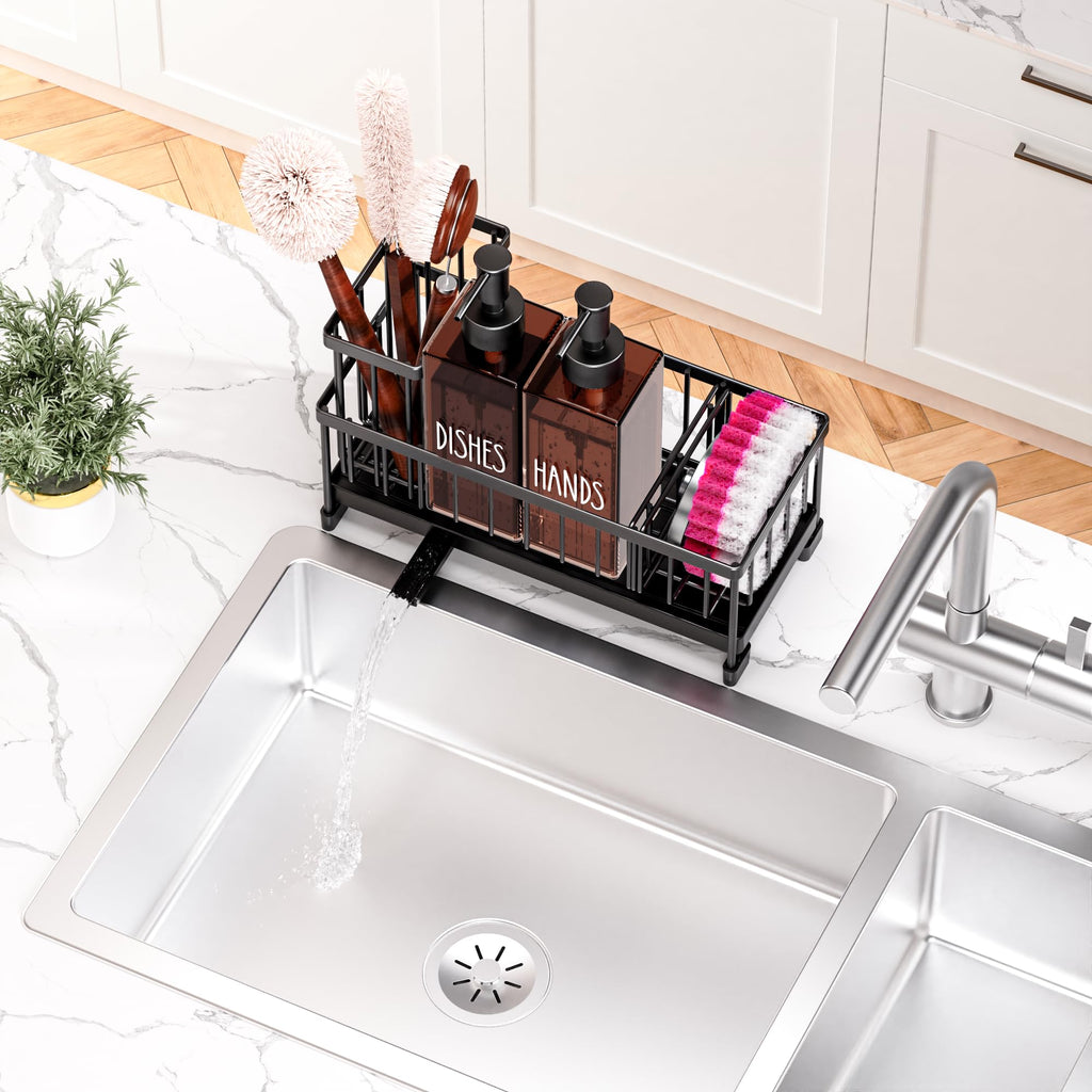 Cisily Juego de dispensador de jabón de cocina con organizador para fregadero, botella de vidrio de 12 onzas, dispensador de jabón para manos y platos con soporte para esponja, accesorios organizadores de fregadero de cocina de acero inoxidable negro