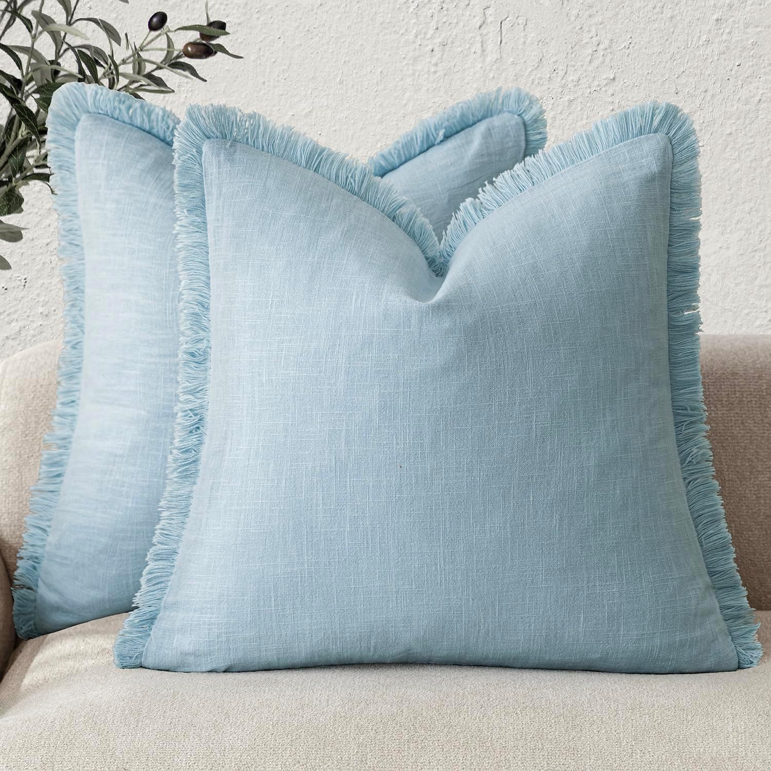 Foindtower Set of 2 Decorative Linen Fringe Throw Pillow Covers Cozy Boho Farmhouse Cushion Cover with Tassels Soft Accent Pillowcase for Couch Sofa Bed Living Room Home Decor,18×18 Inch,Navy Blue