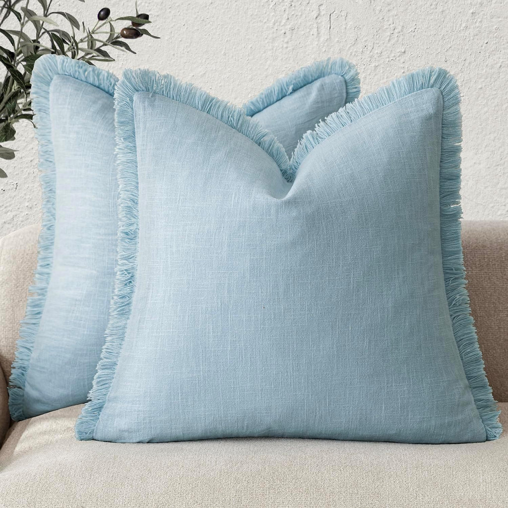 Foindtower Set of 2 Decorative Linen Fringe Throw Pillow Covers Cozy Boho Farmhouse Cushion Cover with Tassels Soft Accent Pillowcase for Couch Sofa Bed Living Room Home Decor,18×18 Inch,Navy Blue