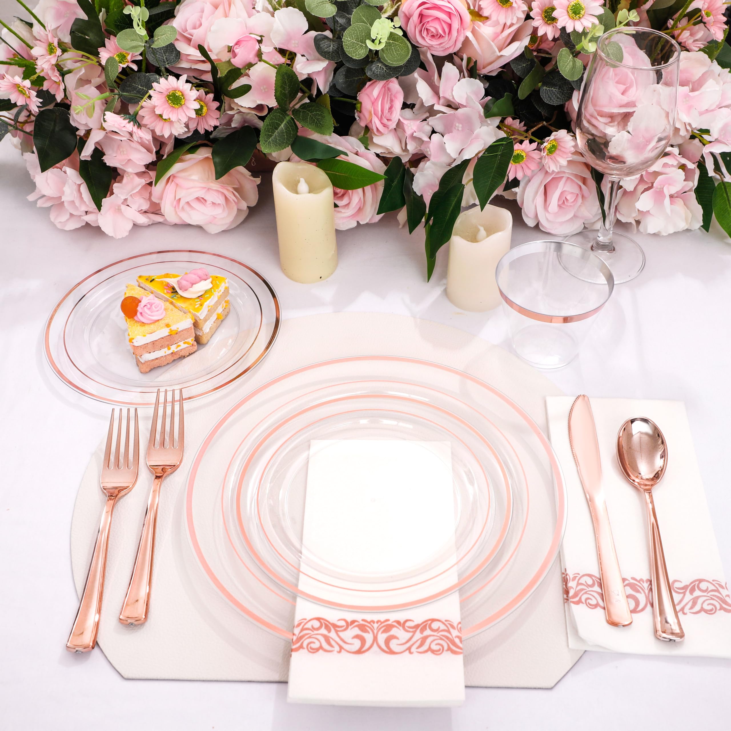 DaYammi 350PCS Gold Plastic Dinnerware Set for 50 Guests, Fancy Disposable Plates for Party, Include: 50 Dinner Plates, 50 Dessert Plates, 50 Pre Rolled Napkins with Gold Silverware, 50 Cups