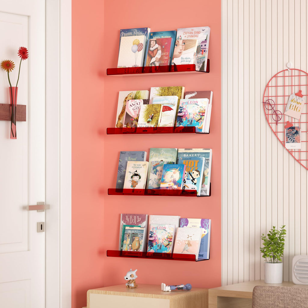 upsimples Acrylic Shelves for Bathroom Storage, 15" Floating Shelves Wall Organizer for Perfume, Make up, Skincare, Kids Bookshelf for Bedroom, Nursery, Living Room Decor, Clear, 4 Pack