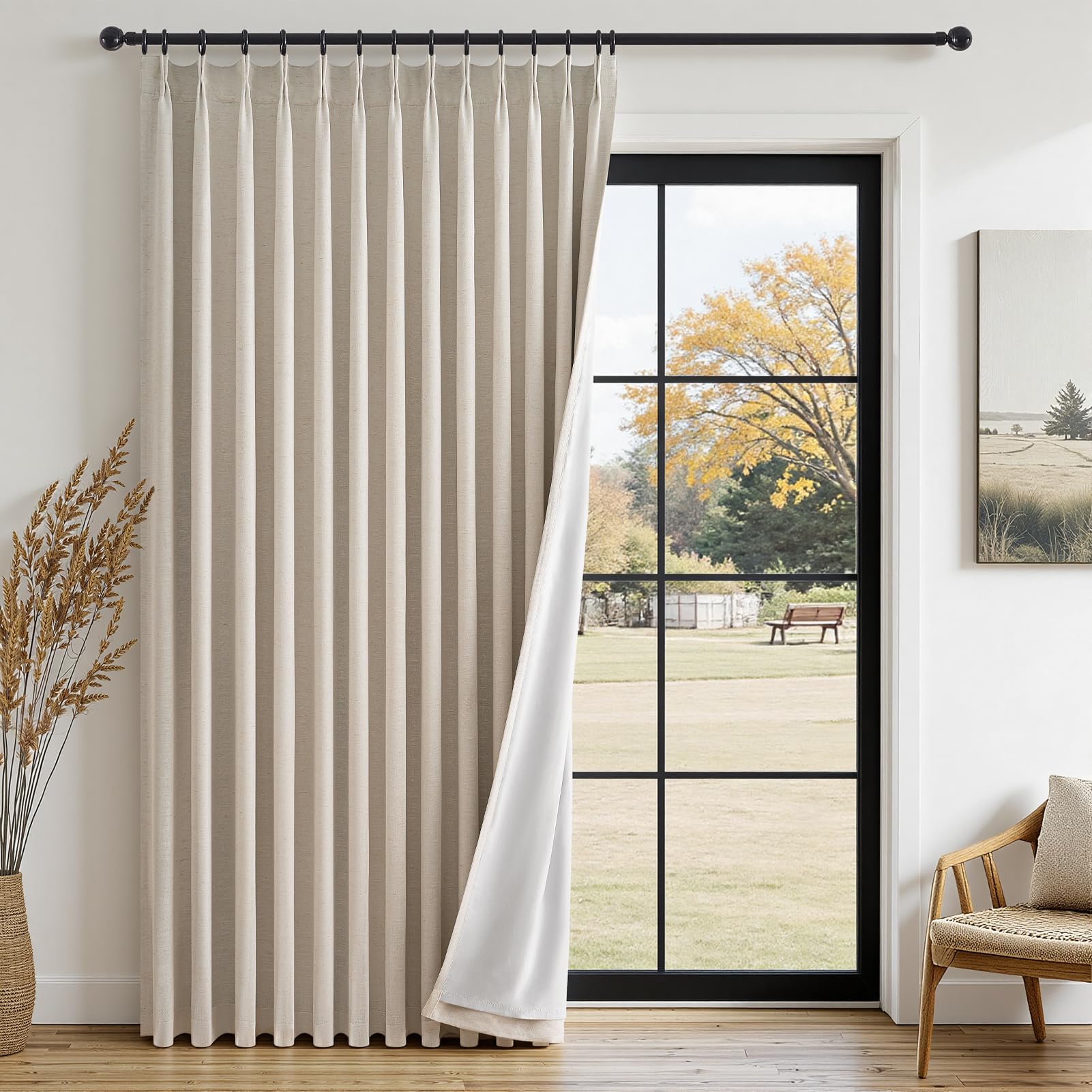 Topfinel 96 Inches Long Pinch Pleated 100% Blackout Curtains,Thermal Insulated Natural Linen Pinch Pleat Viral Drapes with Hooks Rings 2 Panel Sets,Neutral Beige Ivory 8FT Back Tab Window Curtains