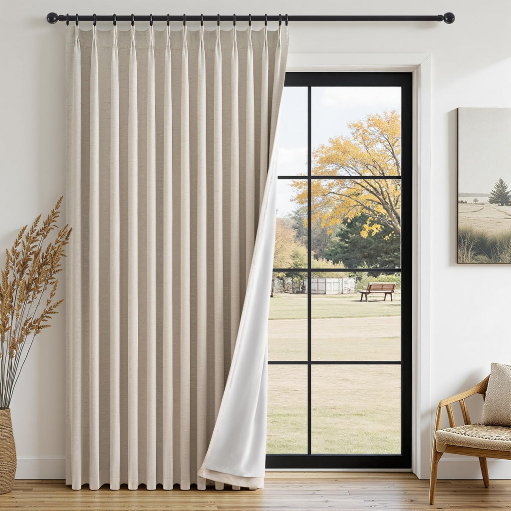 Topfinel 96 Inches Long Pinch Pleated 100% Blackout Curtains,Thermal Insulated Natural Linen Pinch Pleat Viral Drapes with Hooks Rings 2 Panel Sets,Neutral Beige Ivory 8FT Back Tab Window Curtains