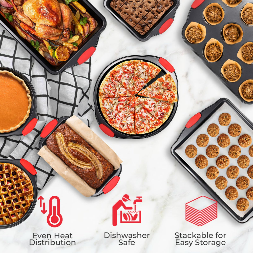 PERLLI Non-Stick 6-Piece Baking Pan Set, BPA-Free Carbon Steel Bakeware Set with Silicone Handles, Stackable Kitchen Oven Set, Cookie Sheet, Baking Tray, Baking Sheet Set, Oven Safe (446°F)