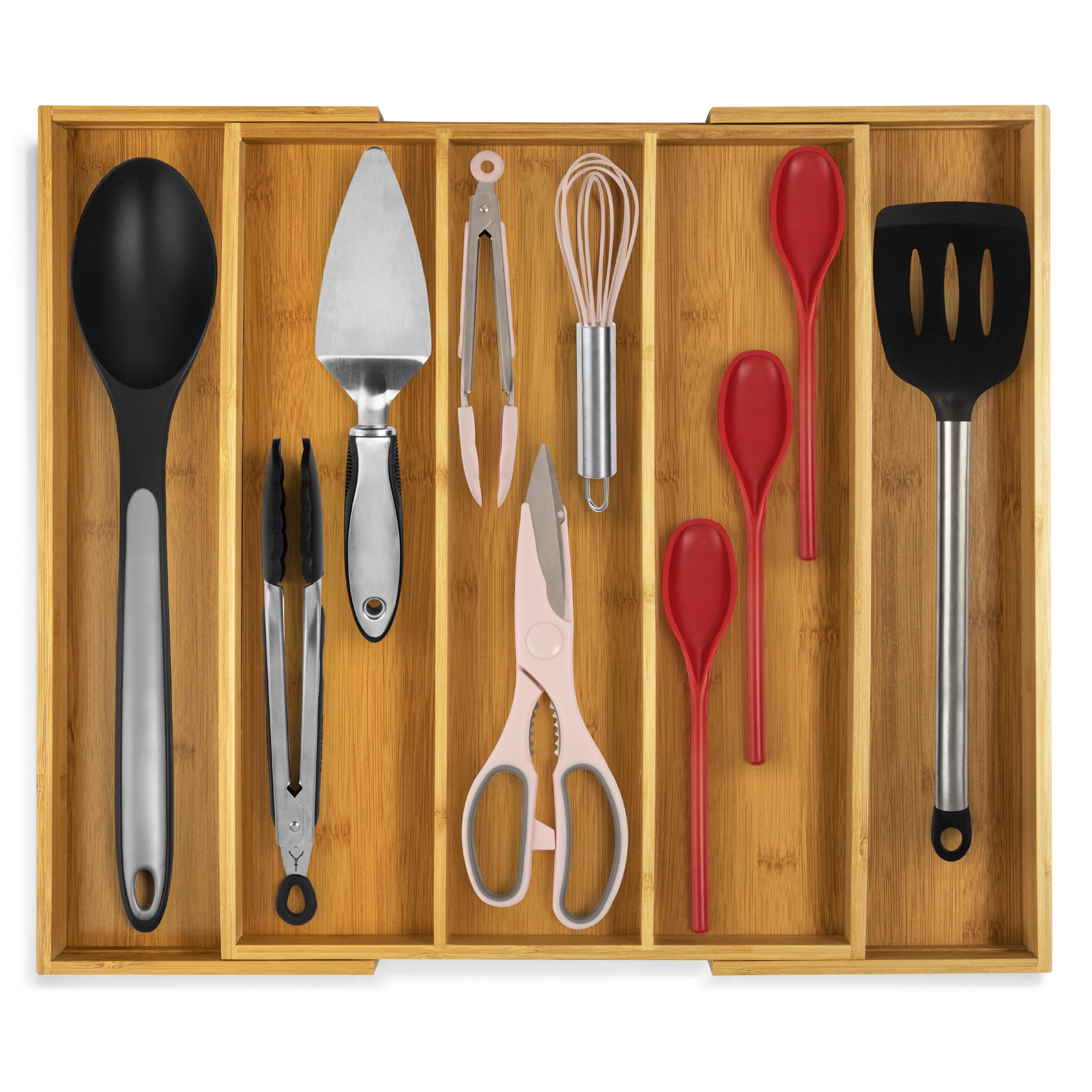 Purawood Bamboo Drawer Organizer - Expandable Silverware Organizer & Utensil Drawer Organizer, Cutlery Tray with Dividers, 7-9 Slots- Kitchen Organizer for Utensils & Flatware (Natural)