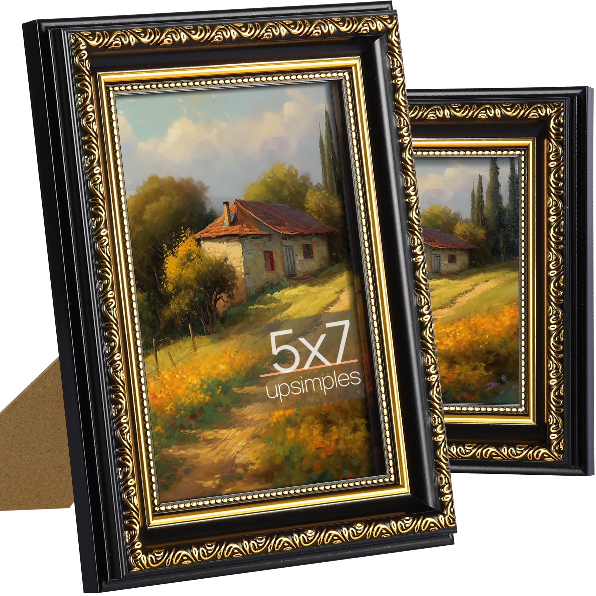 upsimples 5x7 Picture Frame with Real Glass, Ornate Vintage 5 x 7 Photo Frames for Wall Decor or Tabletop Display, Gold, 2 Pack