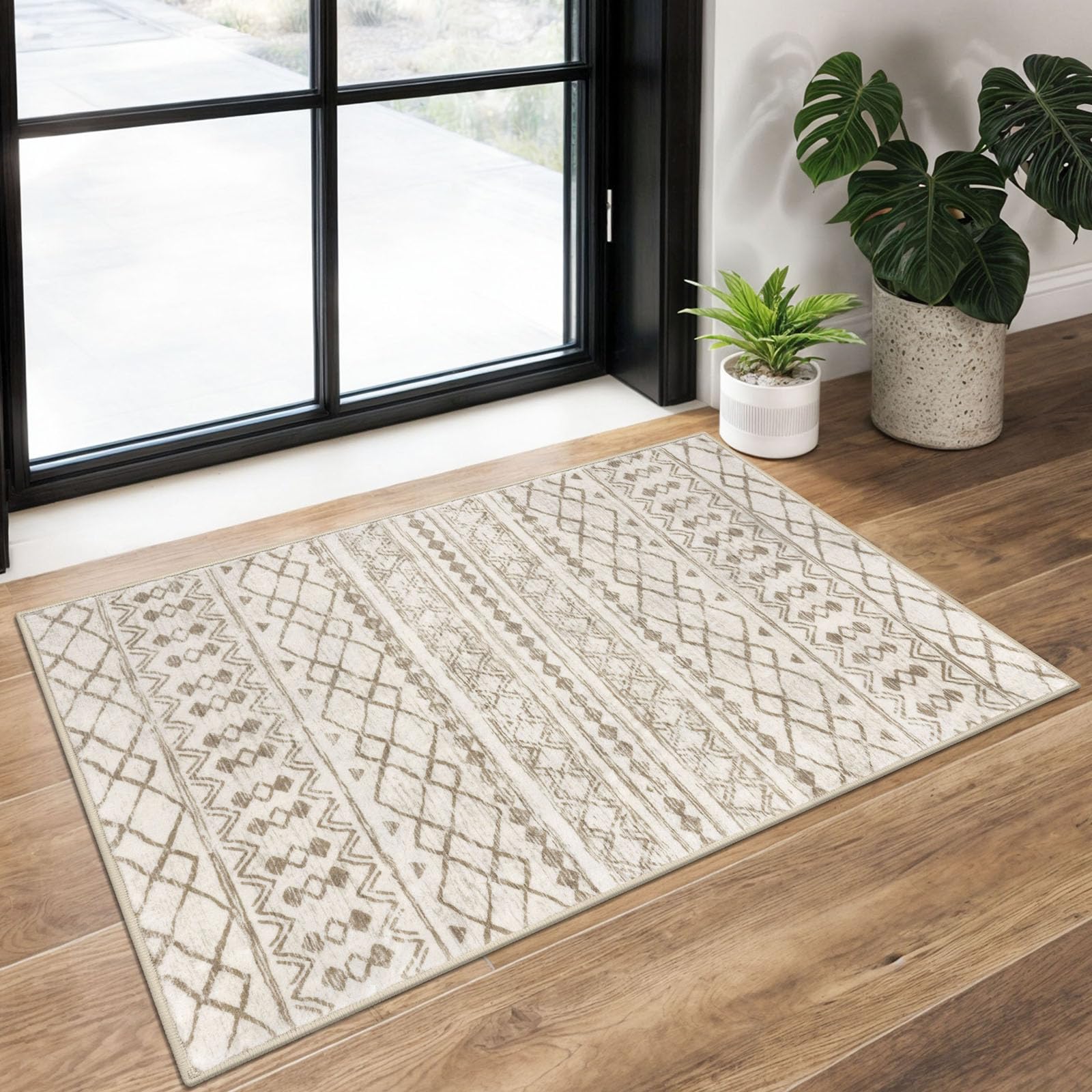KUTA Washable Non-Slip Rugs for Entryway 2x3, Grey Moroccan Boho Small Area Rug, Ultra Soft Vintage Geometric Low-Pile Indoor Door Mat Floor Carpet for Indoor, Entrance, Kitchen, Bathroom, Bedroom