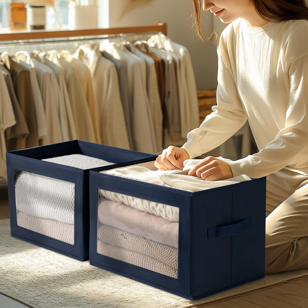 Homsorout Storage Bins with Lids - Fabric Closet Storage Bins with Window, Collapsible Baskets for Shelves 4 Pack, Home Decorative Boxes for Clothes, Closet, Office, Grey