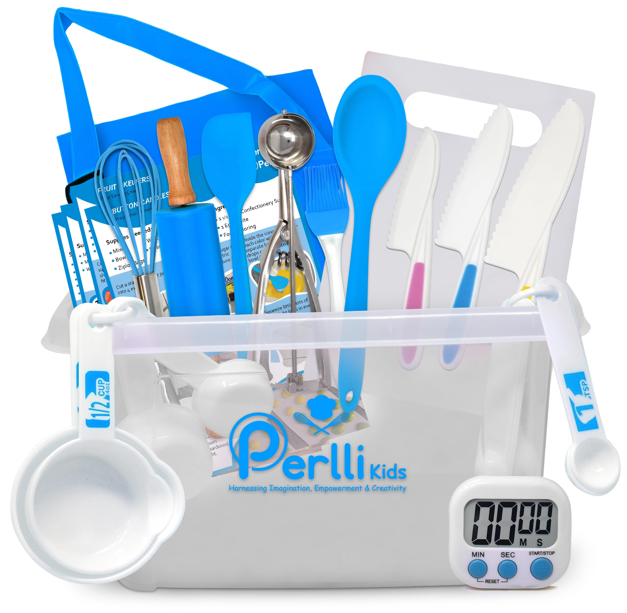 PERLLI Kids Real Cooking Set for Cooking and Baking – 31 Pc. Gift for Junior Chef with Real Utensils, Case & Safe Kids Knife Set for Boys & Girls – Fine Motor Skills & Fun for Children Ages 6+, Orange