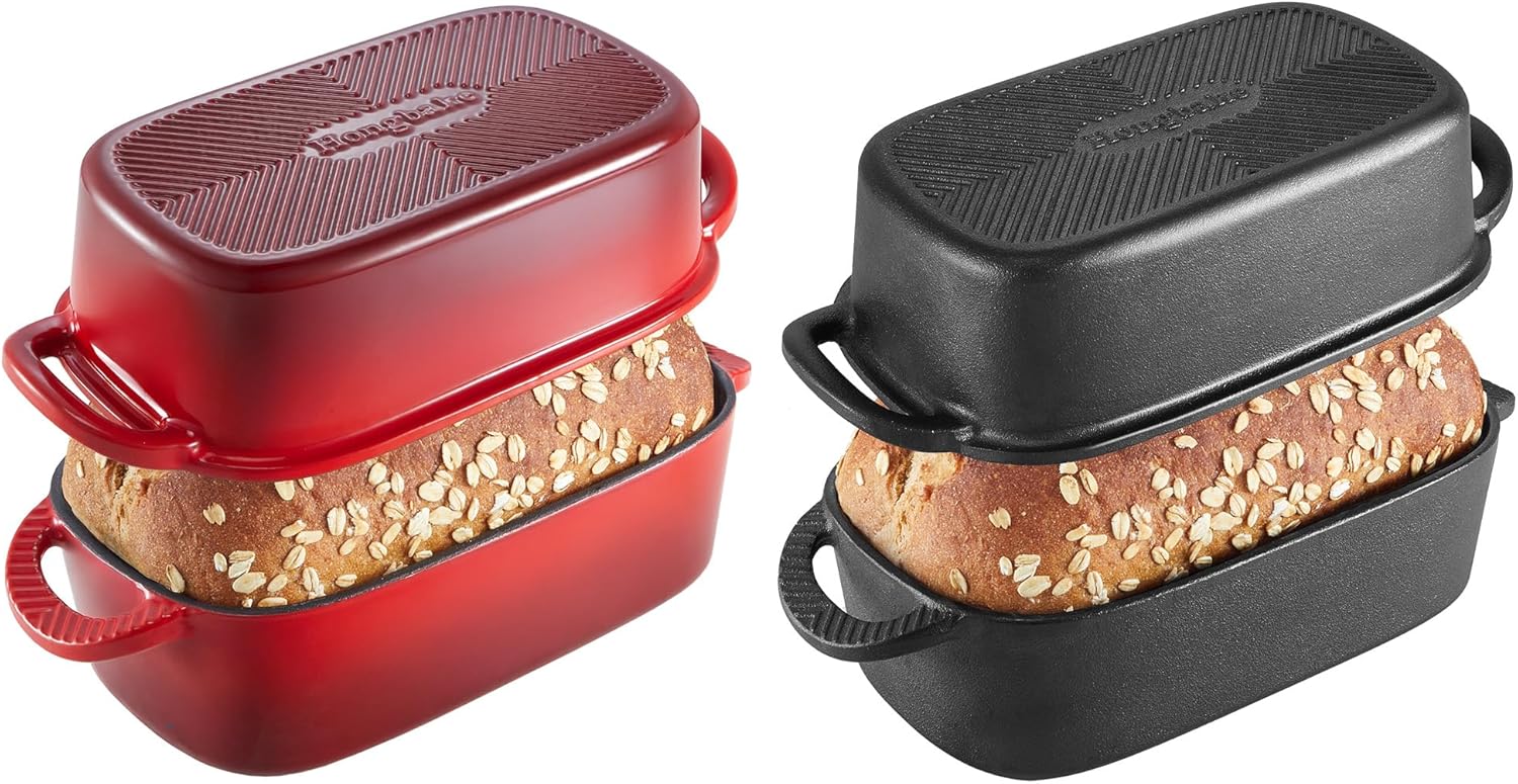 HONGBAKE Everline Collection 2 in 1 Cast Iron Loaf Pan with Lid & Enameled Cast Iron Loaf Pan with Lid