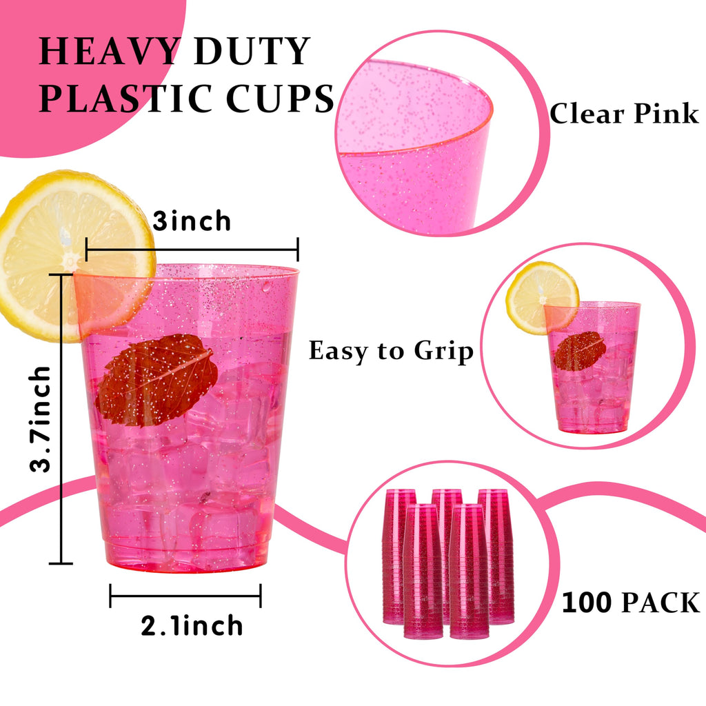 DaYammi 100 Pack 10oz Pink Plastic Cups for Party Premium Glitter Disposable Plastic Cup for Martini and Cocktail, Hard Pink Disposable Cups for Wedding,pink cups for Mother's Day Party