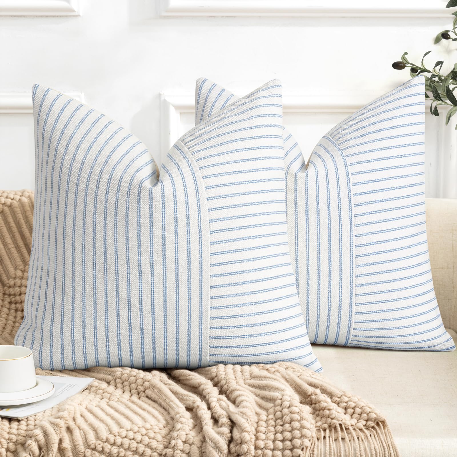 YCOLL Farmhouse Pillow Covers 18x18, Modern Accent Square Throw Pillow Covers Set of 2, Gray and Beige Striped Patchwork Linen Decorative Pillows Cushion Covers for Couch Chair Bedroom Home Decor