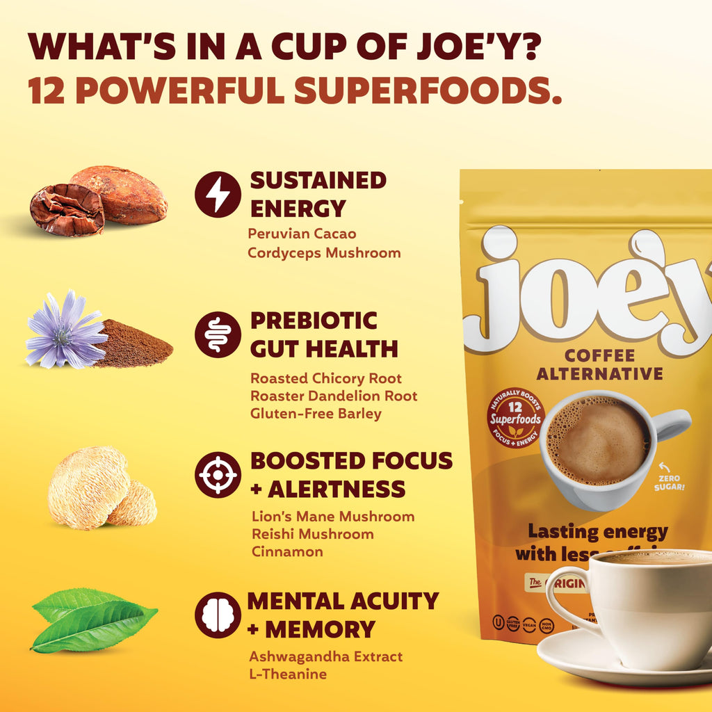 Joey Mushroom Coffee Alternative with Cacao Dandelion Root, and Chicory, Instant Mushroom Coffee Substitute with Superfoods, Vegan Gluten-Free Energy Drink for Focus and Calm, 18 Servings
