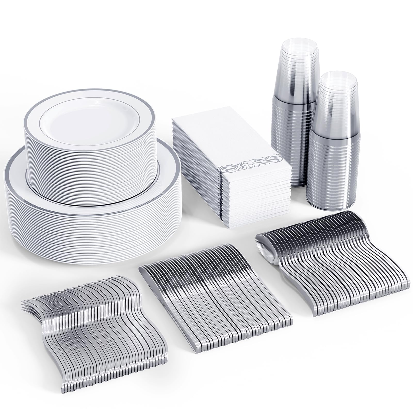 FOCUSLINE 350 Ct Disposable Dinnerware Set for 50 Guests -Heavy Duty Plastic Plates with Gold Rim, Includes 50 Dinner & Salad Plates, Cups, Napkins, Cutlery Set