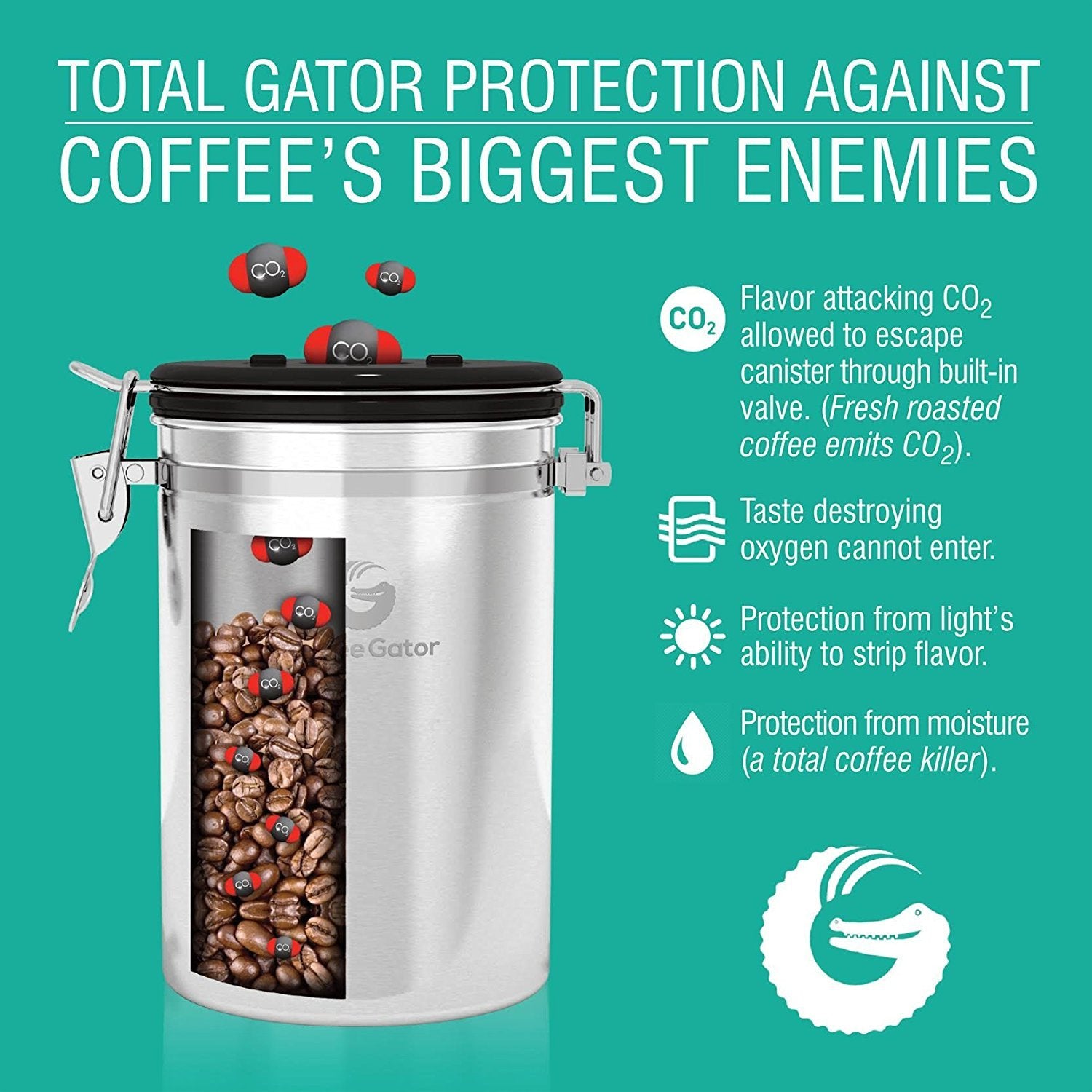Coffee Gator Stainless Steel Canister - Medium 16oz, Gray Coffee Grounds and Beans Container with Date-Tracker, CO2-Release Valve, and Measuring Scoop - Ideal Coffee Lovers Gifts