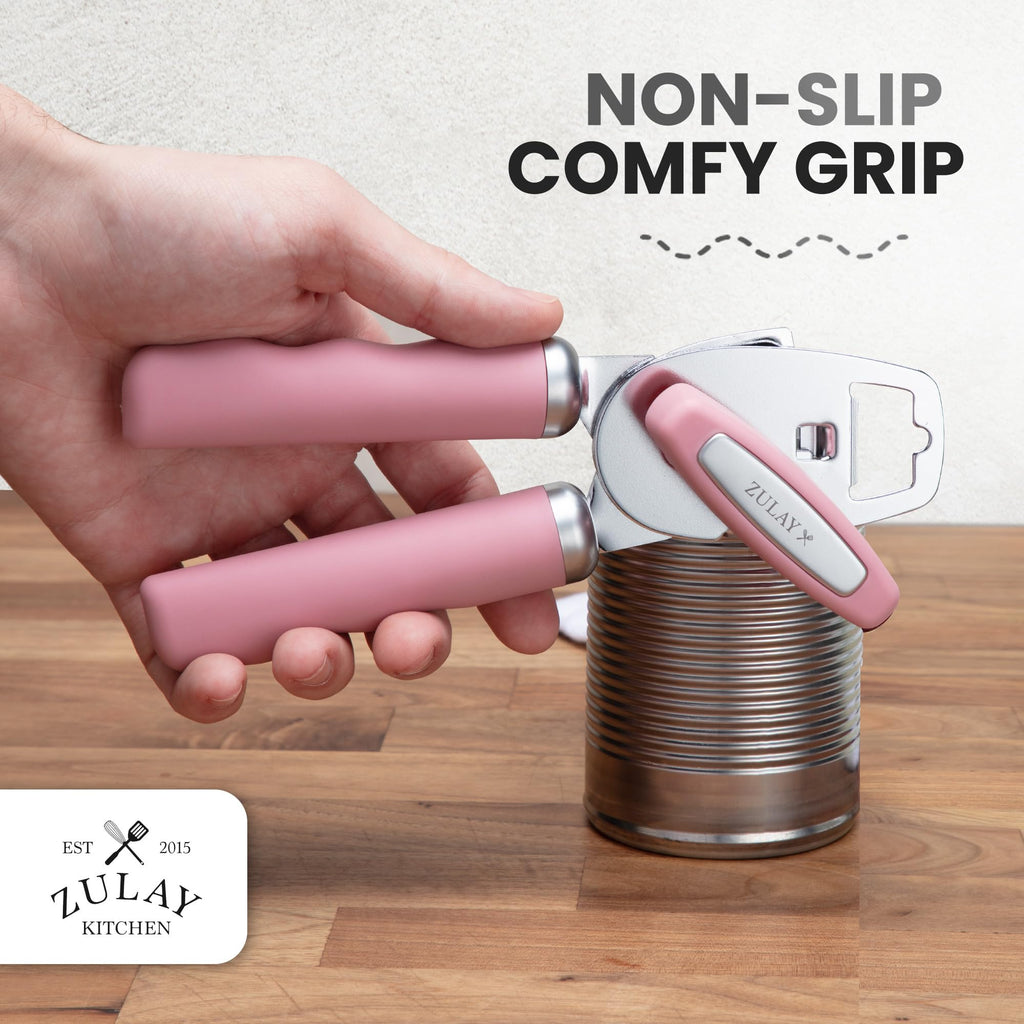 Zulay Kitchen COMFY™ Can Opener Manual with Bottle Opener - Rust Proof Stainless Steel Manual Can Opener With Turn Knob & Comfy Soft Grip Handles - Black