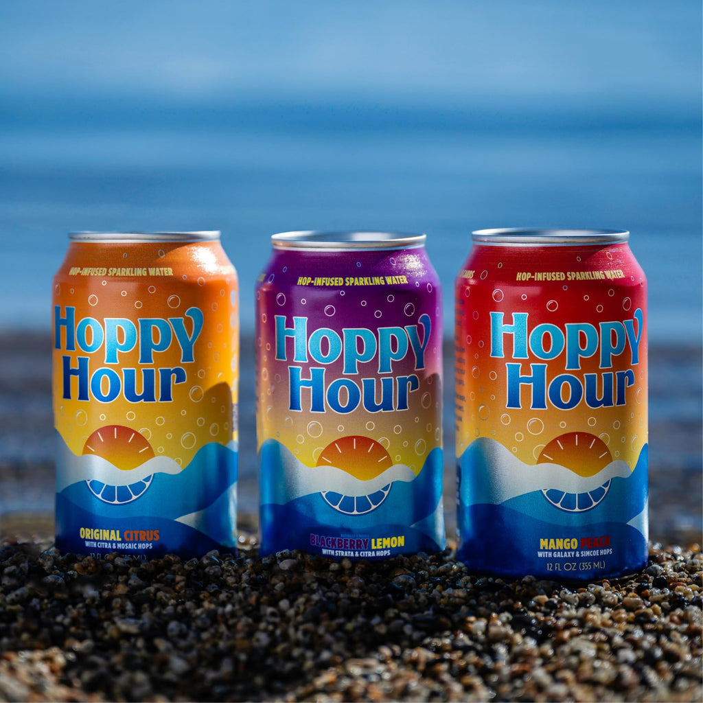 Hoppy Hour Sparkling Hop Water, Non-Alcoholic and Adaptogens Drink, Zero Sugar and Calories, Refreshing Original Citrus Flavor, 12 oz Cans (12-Pack)