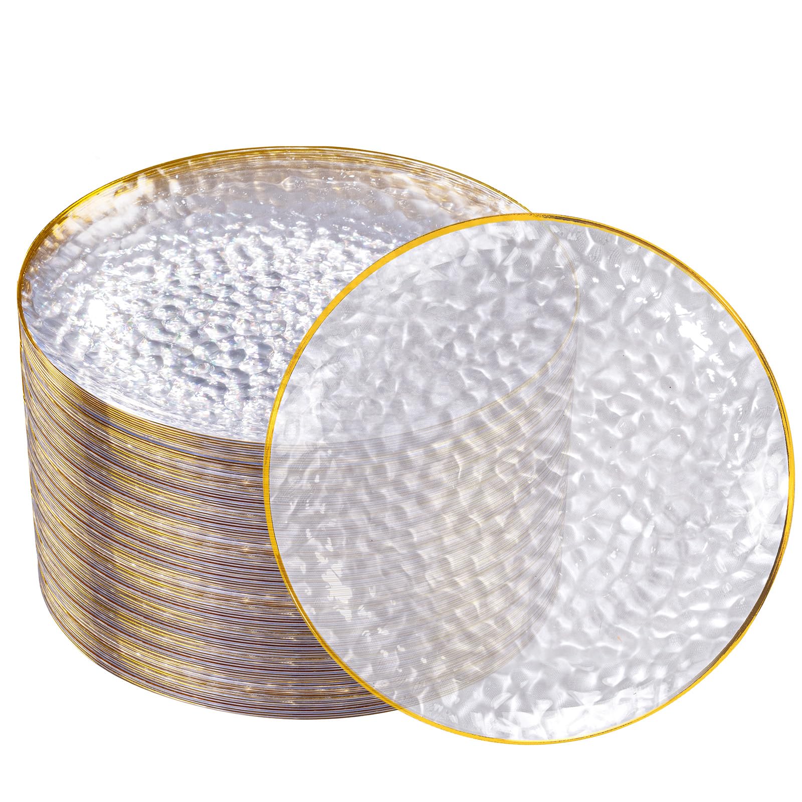 DaYammi 100 Pcs Clear Gold Plastic Plates, Hammered Party Plate, Fancy Plastic Plates Disposable Clear Disposable Dessert Platos, 7 Inch Heavy duty Plastic Dessert Platos for Party & Wedding