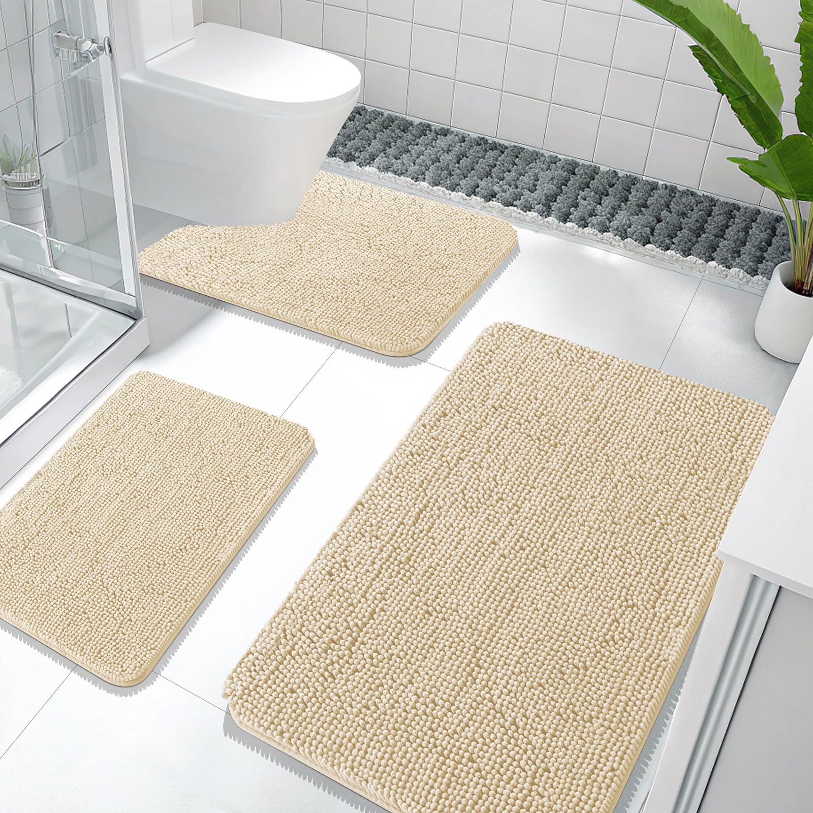 OLANLY Bathroom Rugs Sets 3 Piece, Soft Absorbent Chenille Bath Mats and U-Shaped Contour Toilet Rug, Quick Dry, Home Decor Accessories, Bath Mat Set for Bathroom (30"x20"+24"x16"+24"x20", Grey)