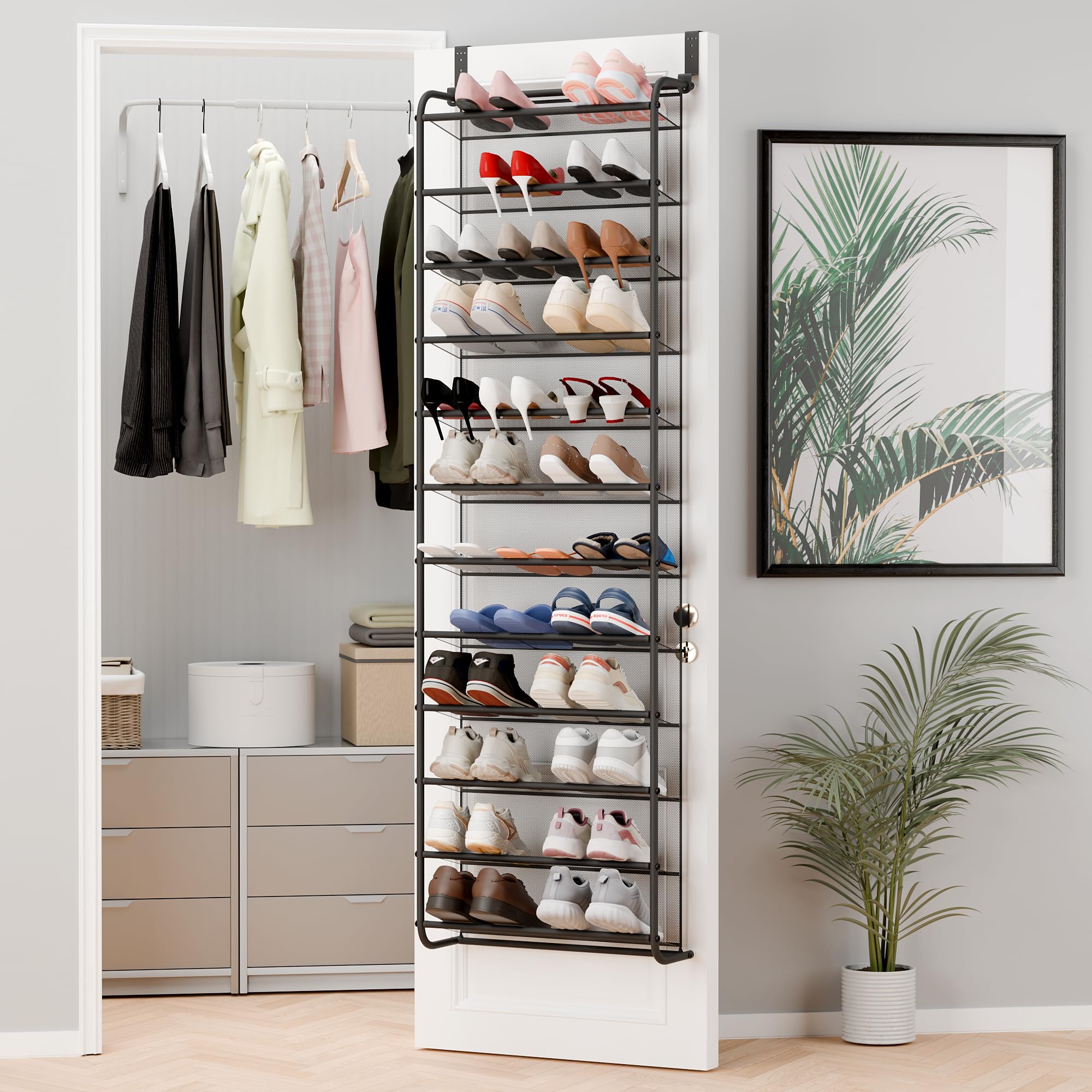 Whitmor 36 Pair Over the Door Shoe Organizer, 12 Tier Hanging Shoe Organizer, Heavy Duty Metal & Mesh Shoe Holder, Hanging Shoe Rack for Closet Organizer & Storage, 74"L x 21.7"W x 7.5"H, White