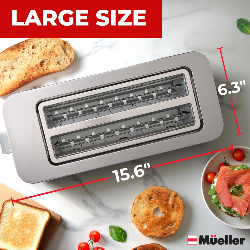 Mueller UltraToast Full Stainless Steel Toaster 4 Slice, Long Extra-Wide Slots for Bagels and Waffles, 6 Browning Levels, LED Display, Cancel/Defrost/Reheat Functions & Removable Tray, Kitchen Gadgets