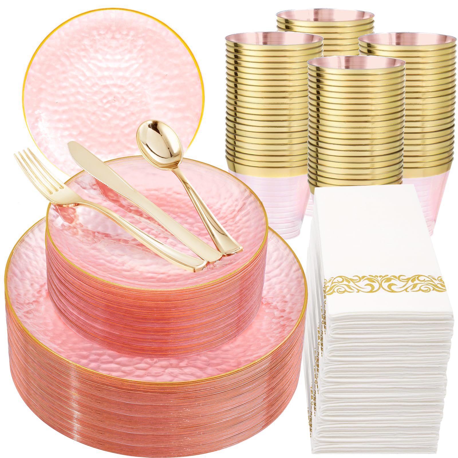 DaYammi 350PCS Clear Gold Plastic Dinnerware Set for 50 Guests, Hammered Disposable Plates for Party, Include: 50 Dinner Plates, 50 Dessert Plates, 150 Gold Silverware, 50 Napkins, 50 Cups