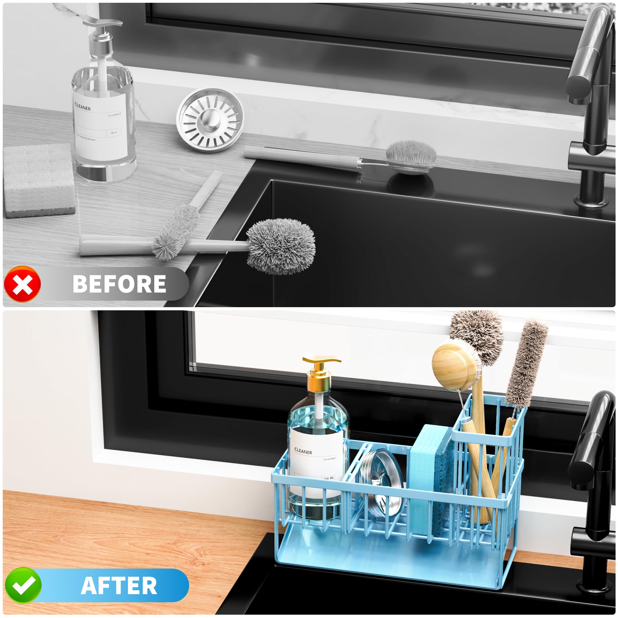 Cisily Sink Caddy Sponge Holder for Kitchen with Brush Holder and Stainless Steel Self Drain Tray, Rustproof Kitchen Sink Organizer for Sponge, Soap Dispenser Storage Accessories