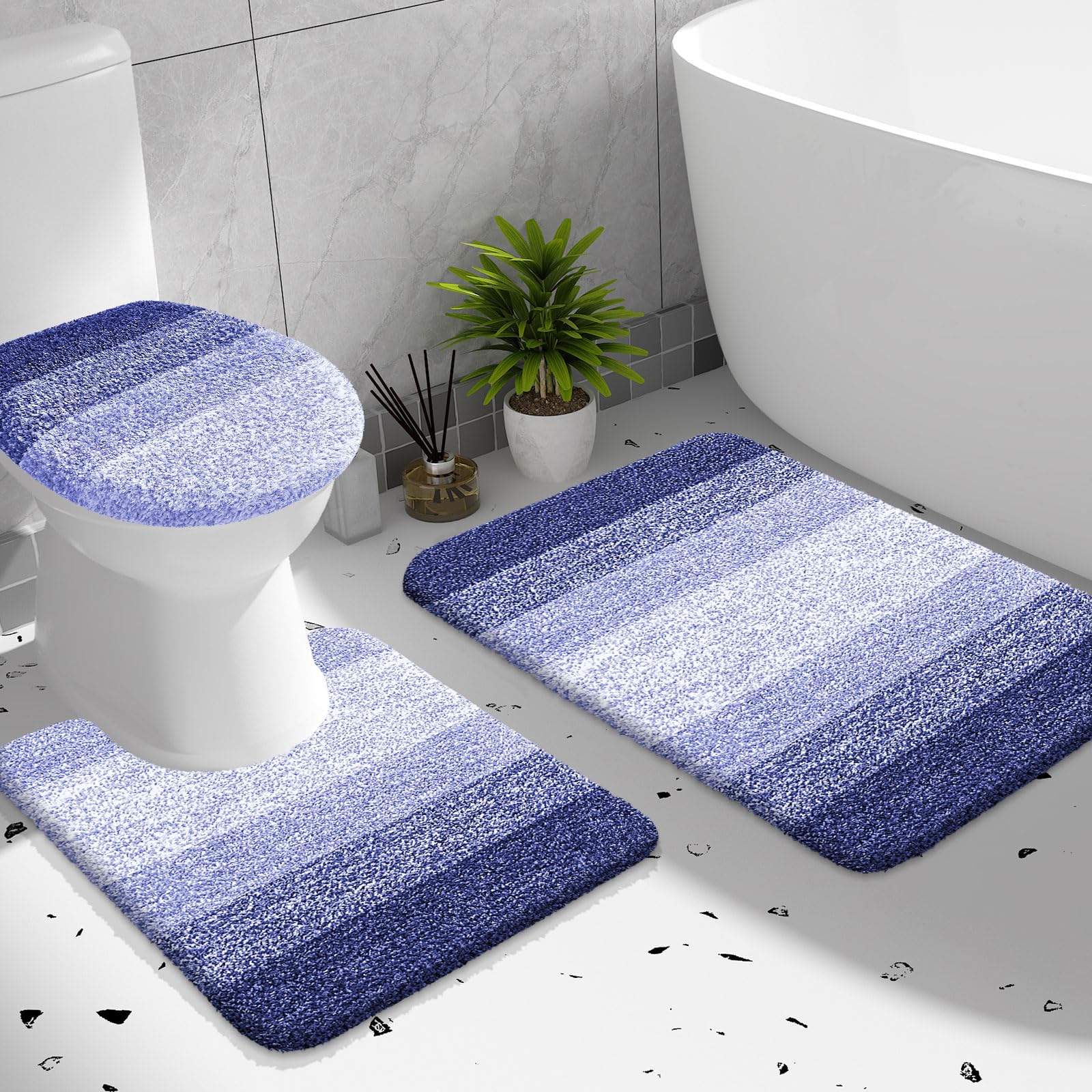 OLANLY Bathroom Rugs Sets 3 piece, Soft Microfiber Absorbent Bath Mat, U-Shaped Contour Toilet Mat and Toilet Lid Cover, Quick Dry, Machine Washable, Toilet Cover and Rug Set for Bathroom, Grey