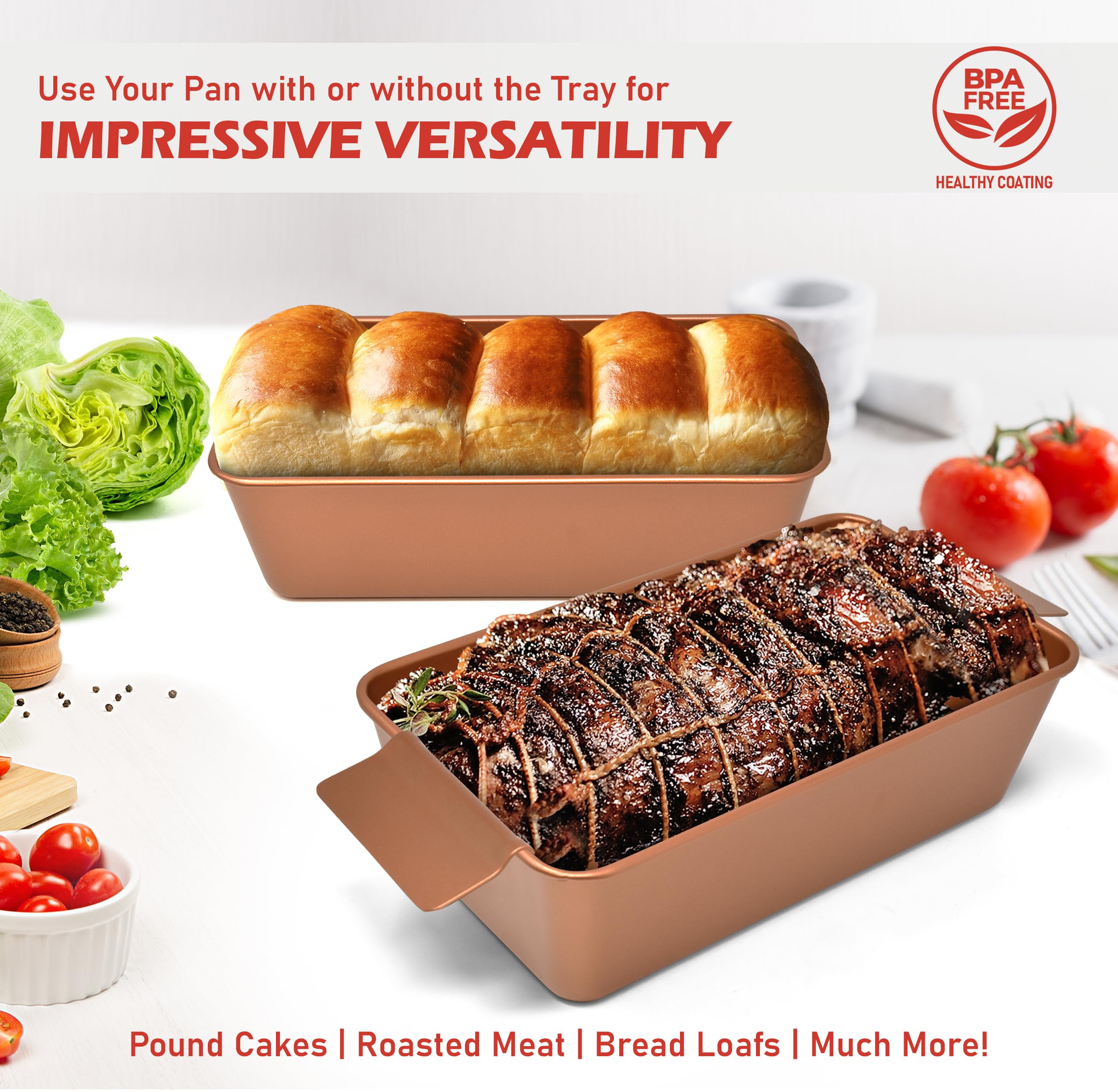 PERLLI Meat Loaf Pan with Drip Tray – 2 Pc. 9.8 x 5.7 In. High-Carbon-Steel Nonstick Meatloaf Pan with Drain Tray – Large BPA-Free Oven Loaf Pan for Baking, Bread, Cakes, Roasting Meat, & More