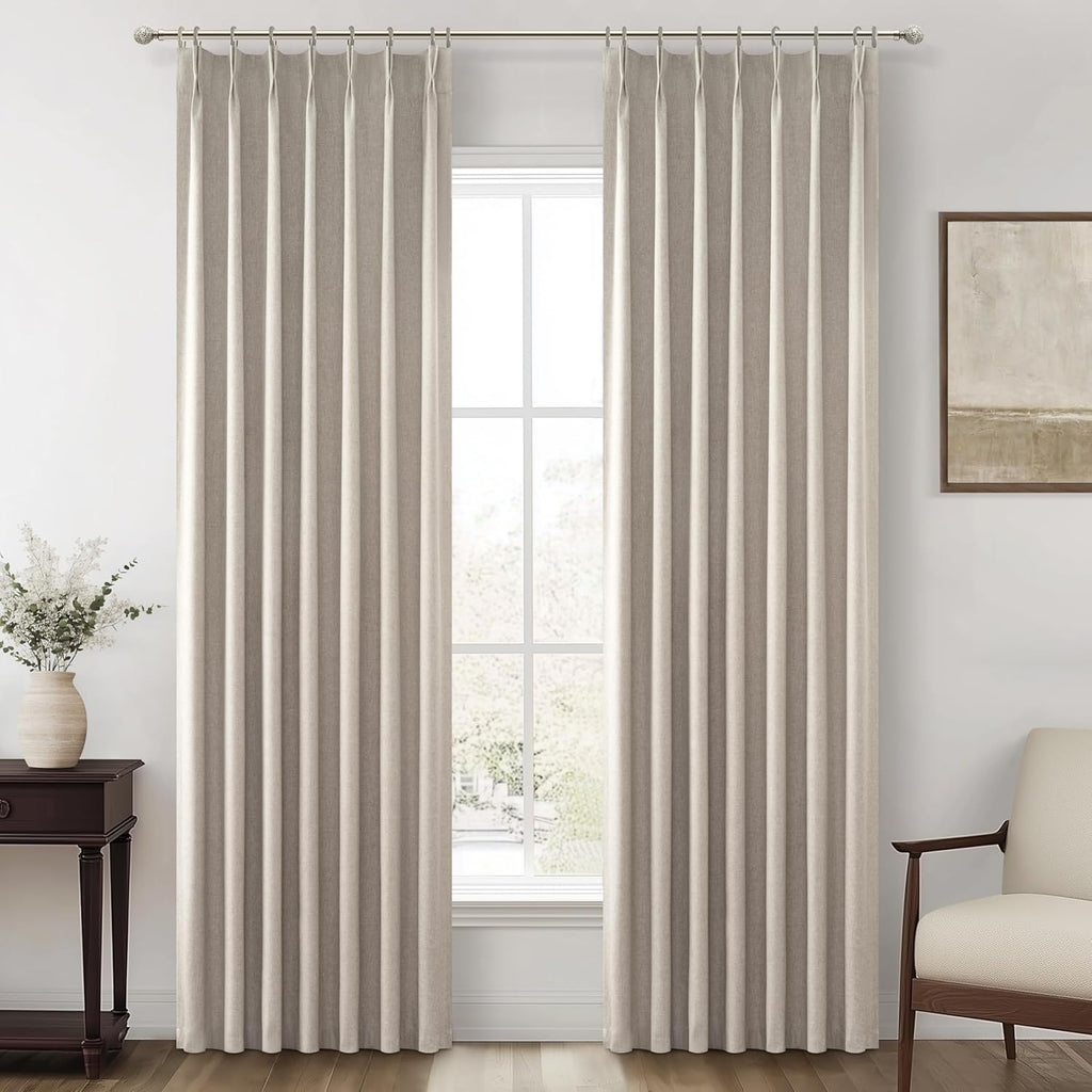 Natural Linen Pinch Pleated Blackout Curtains & Drapes 96 Inch Long Bedroom/Livingroom Farmhouse Curtains 2 Panel Sets, Neutral Track Room Darkening Thermal Insulated 8ft Back Tab Window Curtain