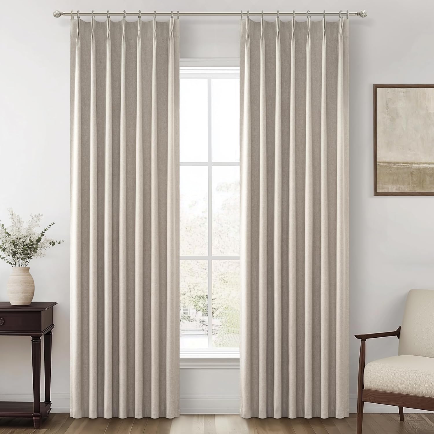 Natural Linen Pinch Pleated Blackout Curtains & Drapes 96 Inch Long Bedroom/Livingroom Farmhouse Curtains 2 Panel Sets, Neutral Track Room Darkening Thermal Insulated 8ft Back Tab Window Curtain
