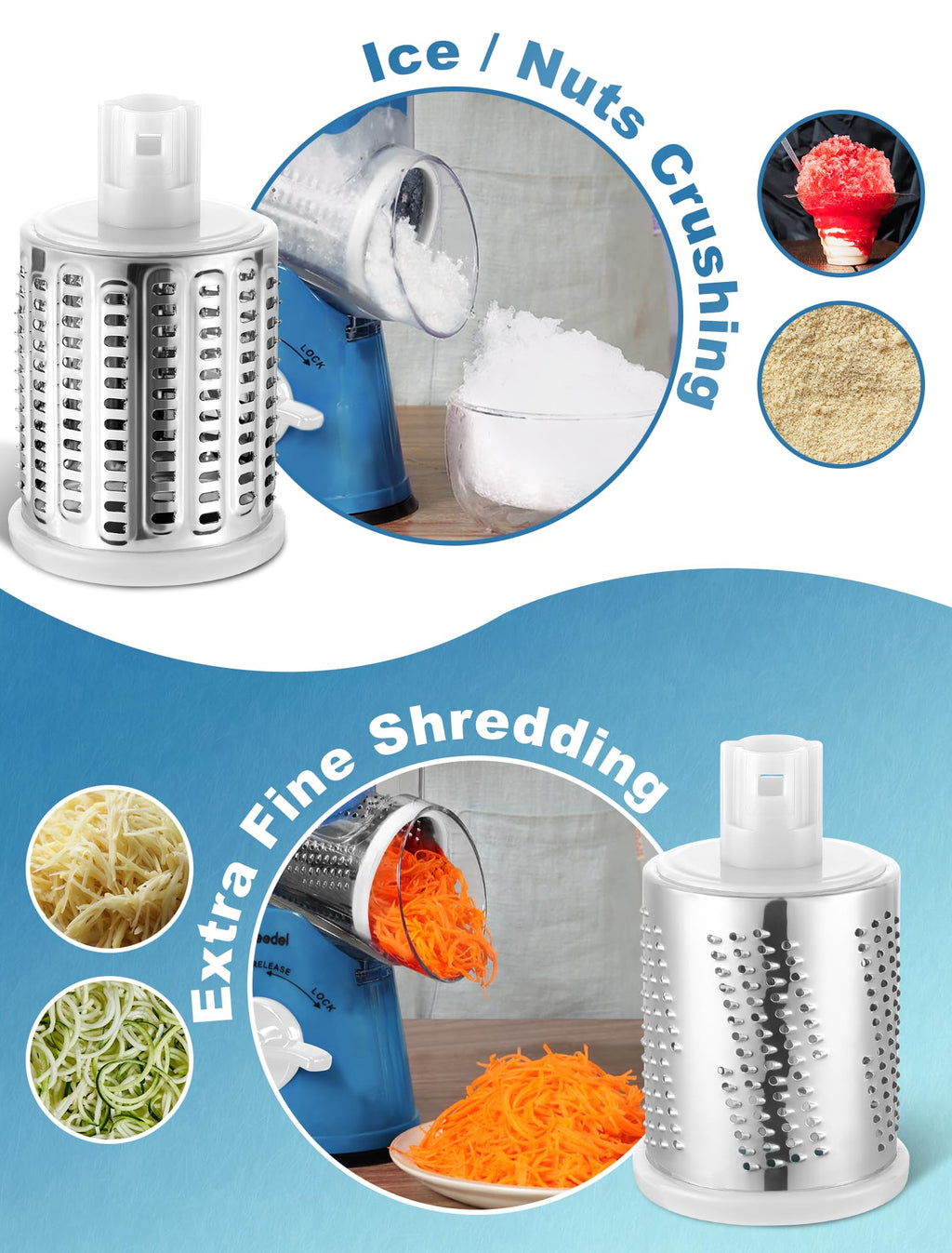 Geedel Rotary Cheese Grater, Kitchen Mandoline Vegetable Slicer with 3 Interchangeable Blades, Easy to Clean Rotary Grater Slicer for Fruit, Vegetables, Nuts