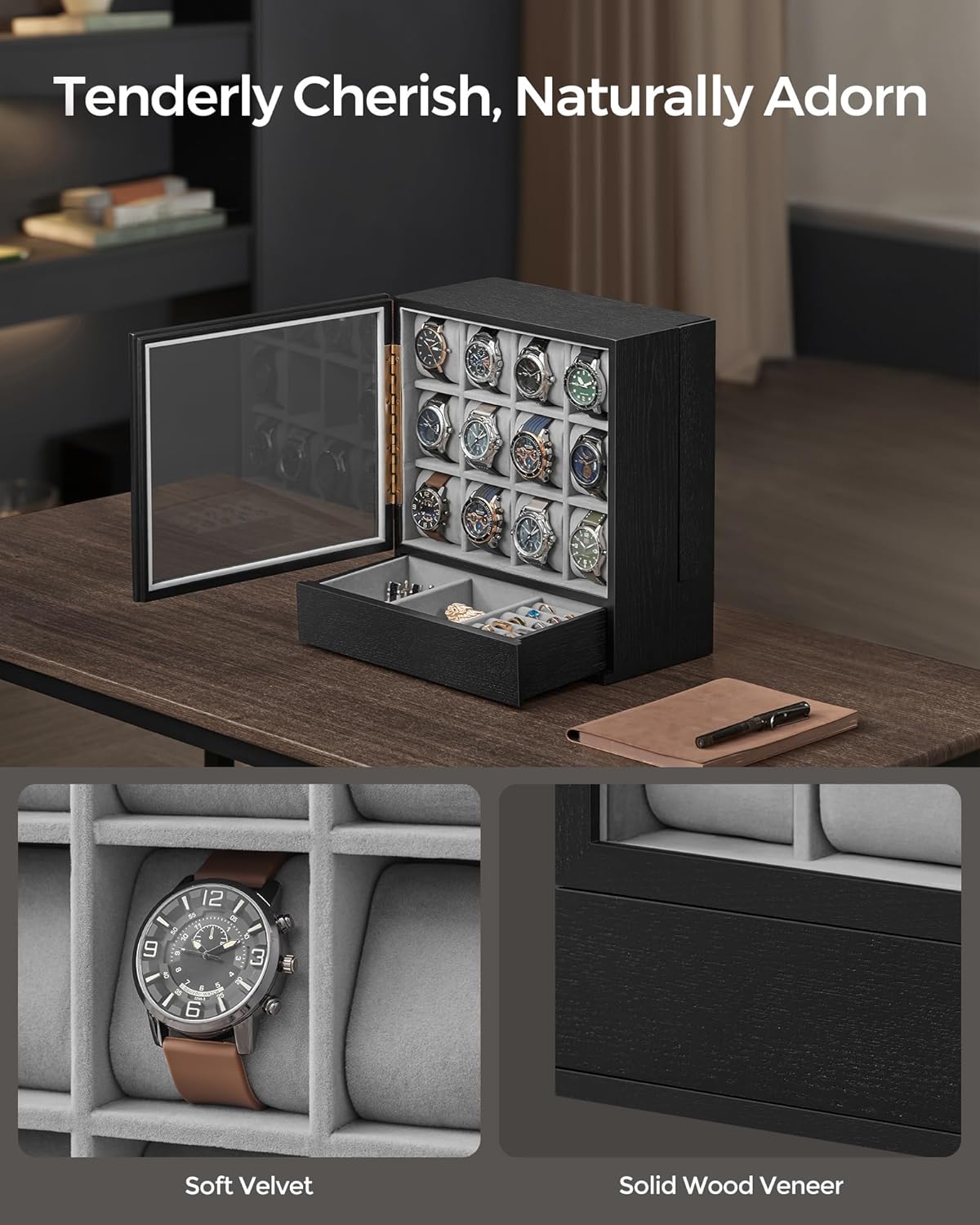 SONGMICS 12-Slot Watch Box, Watch Display Case with Window, Solid Wood Veneer, Velvet Lining, Vertical Storage, Space Saving, Gift Idea, Ebony Black UJOW014B01