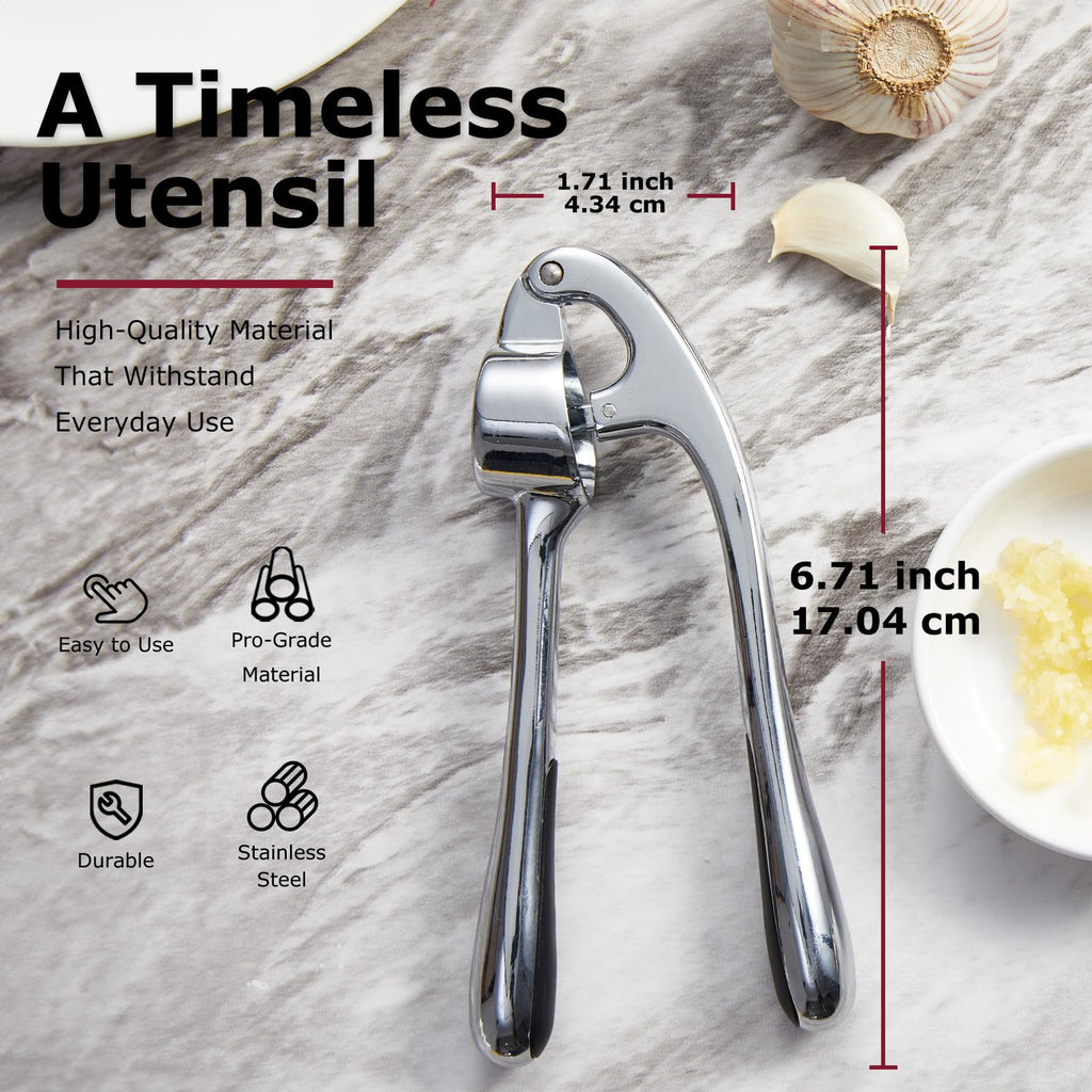 Kitessensu High Effective Garlic Press With Studs, Heavy Duty Garlic Mincer, Easy to Squeeze and Clean, Rust Proof & Dishwasher Safe, Ginger Crusher- Imperial Silver