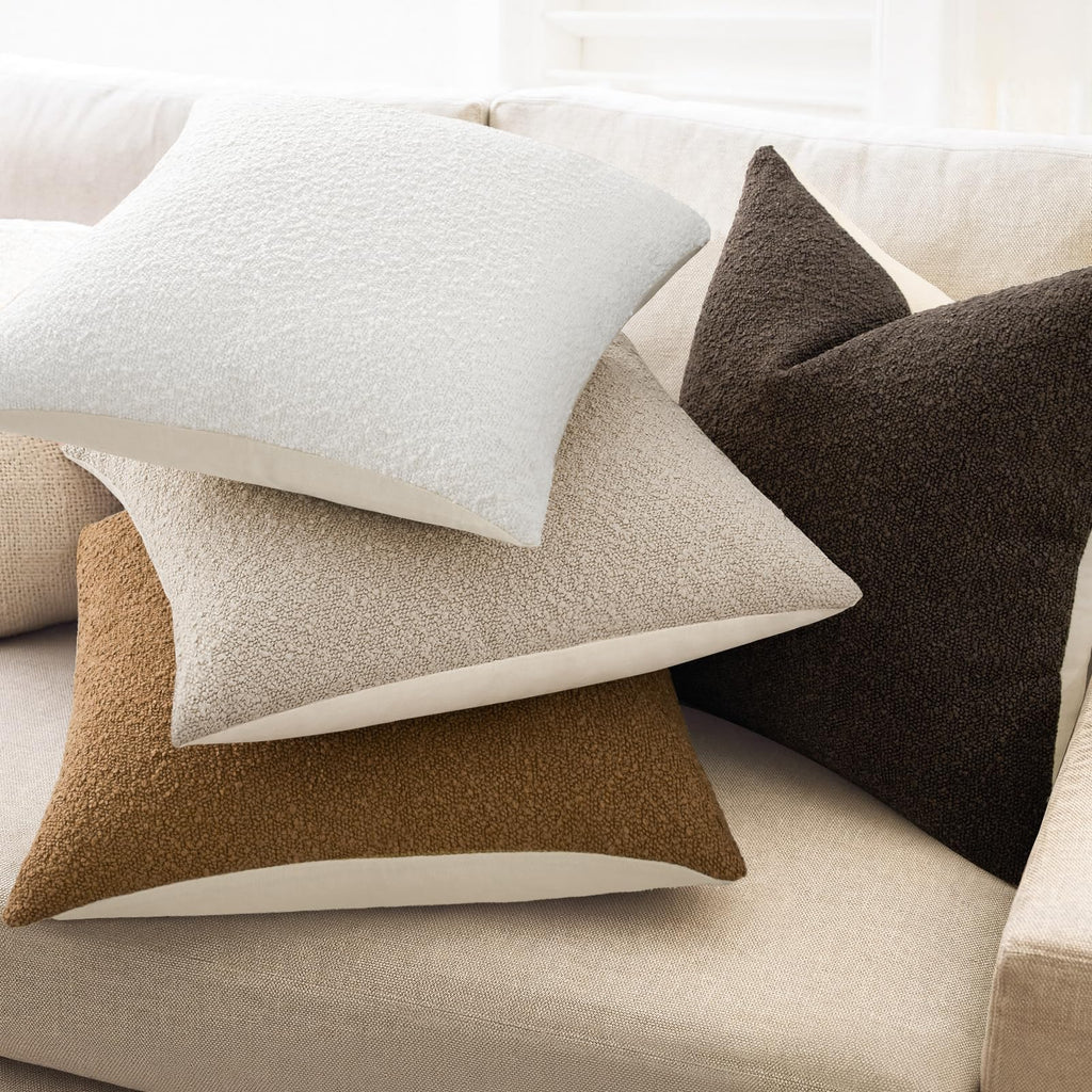 Topfinel Boucle Decorative Pillow Covers 18x18 Inches Set of 4 Neutral Cream Ivory White Pillowcase with Linen Cotton Back Chair Sofa Modern & Minimal Living Room Spring Home Decor