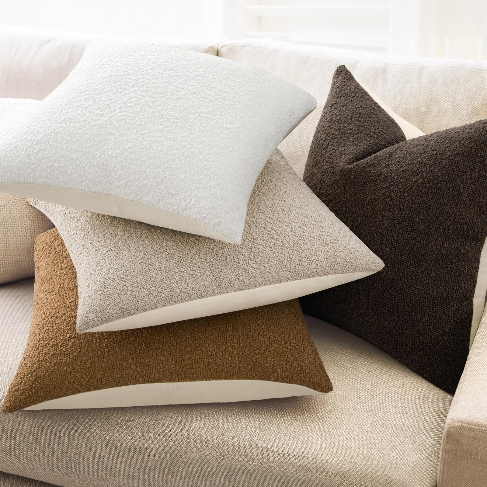 Topfinel Boucle Decorative Pillow Covers 18x18 Inches Set of 4 Neutral Cream Ivory White Pillowcase with Linen Cotton Back Chair Sofa Modern & Minimal Living Room Spring Home Decor