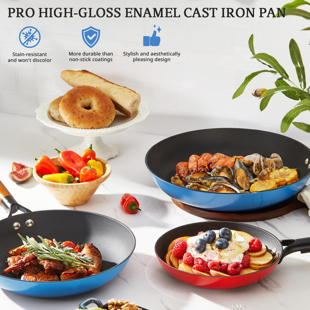 KITESSENSU Enameled Cast Iron Skillets - Non Stick Frying Pans Set with Durable Wooden Handle - 10&12 Inch Titanium Cast Iron Pans for Multi-Cooking - Pre Seasoned Cookware Set - Gradual Cobalt Blue