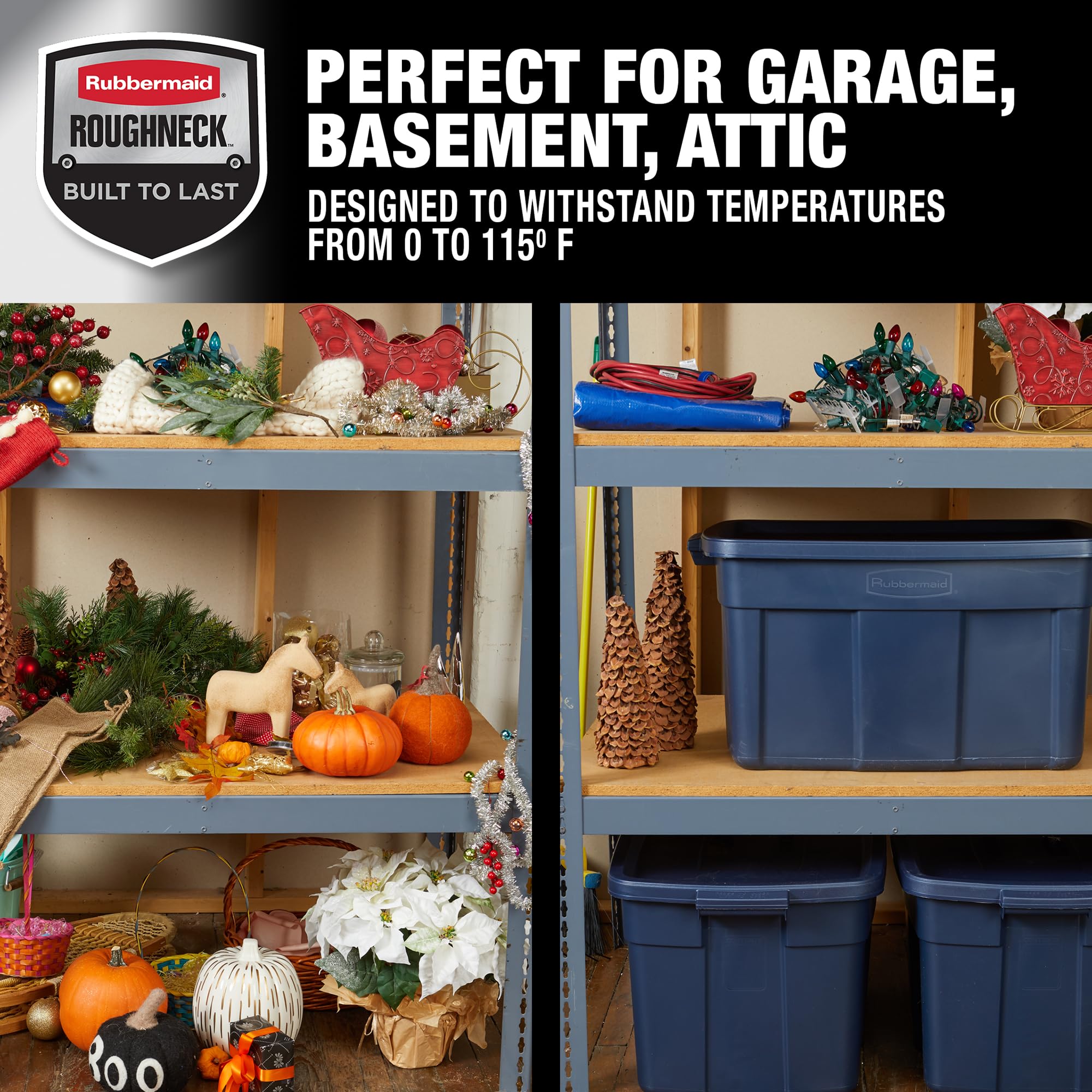 Rubbermaid Roughneck Tote 14 Gal, 6 Pack, Made in USA, Dark Indigo Metallic, Rugged Plastic Stackable Storage Bins with Lids and Handles