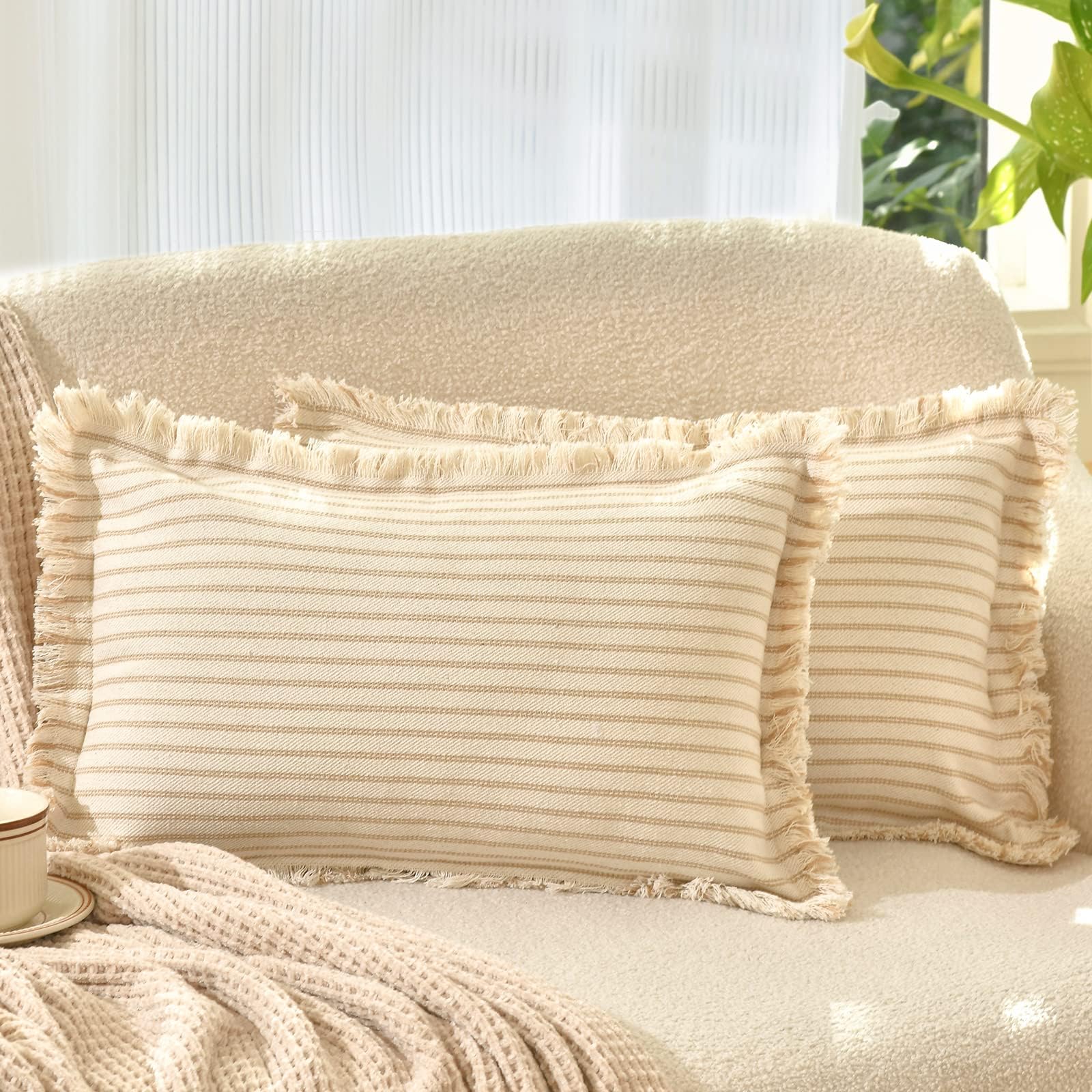 ZWJD Throw Pillow Covers 20x20 Set of 2 Striped Pillow Covers with Fringe Chic Cotton Decorative Pillows Square Cushion Covers for Sofa Couch Bed Living Room Farmhouse Decor, (Gray)