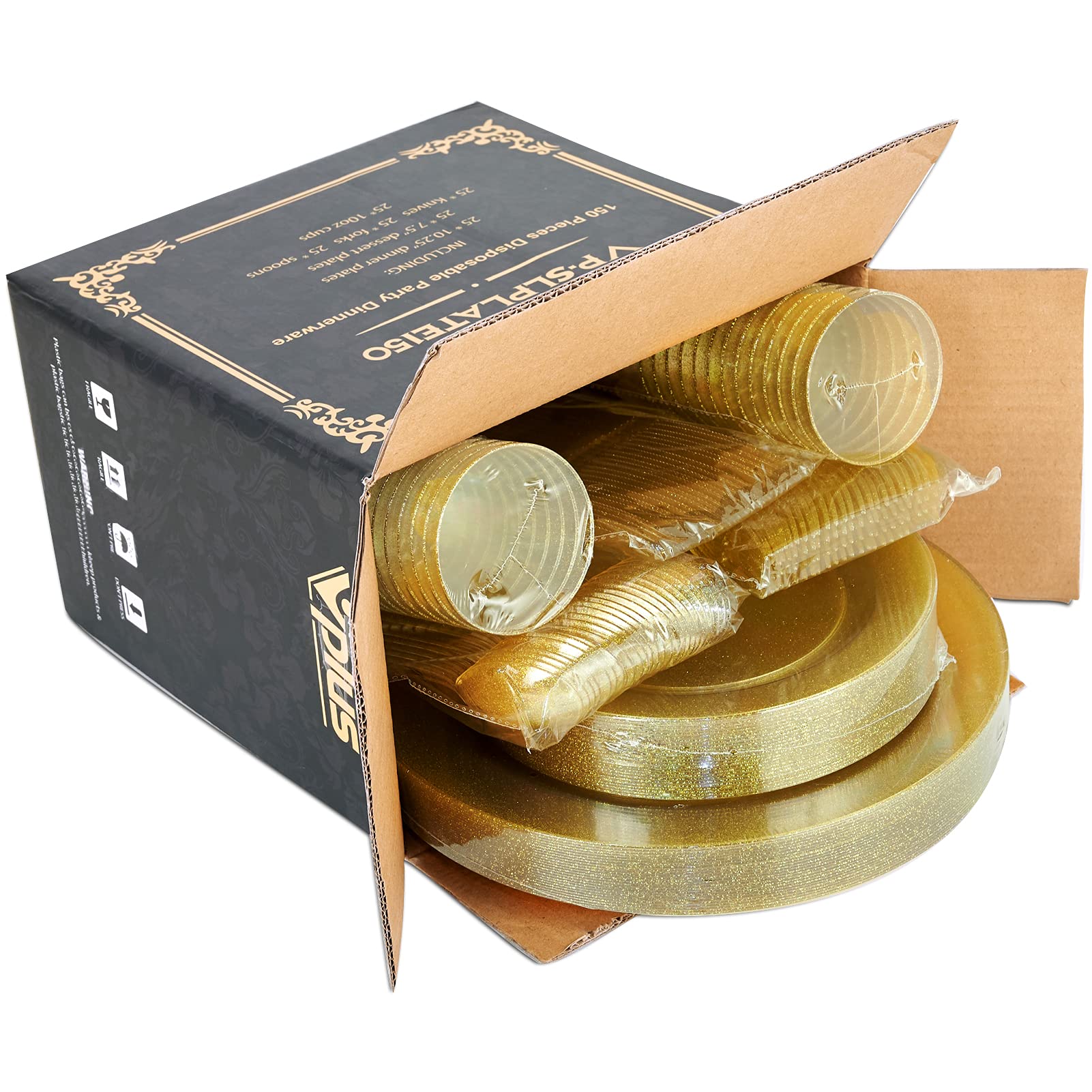 Vplus 150 pcs Gold Plastic Plates with Disposable Plastic Silverware, Cups, Gold Glitter Design includes Dinner and Salad Plates, Forks, Knives, Spoons, 10 oz Cups