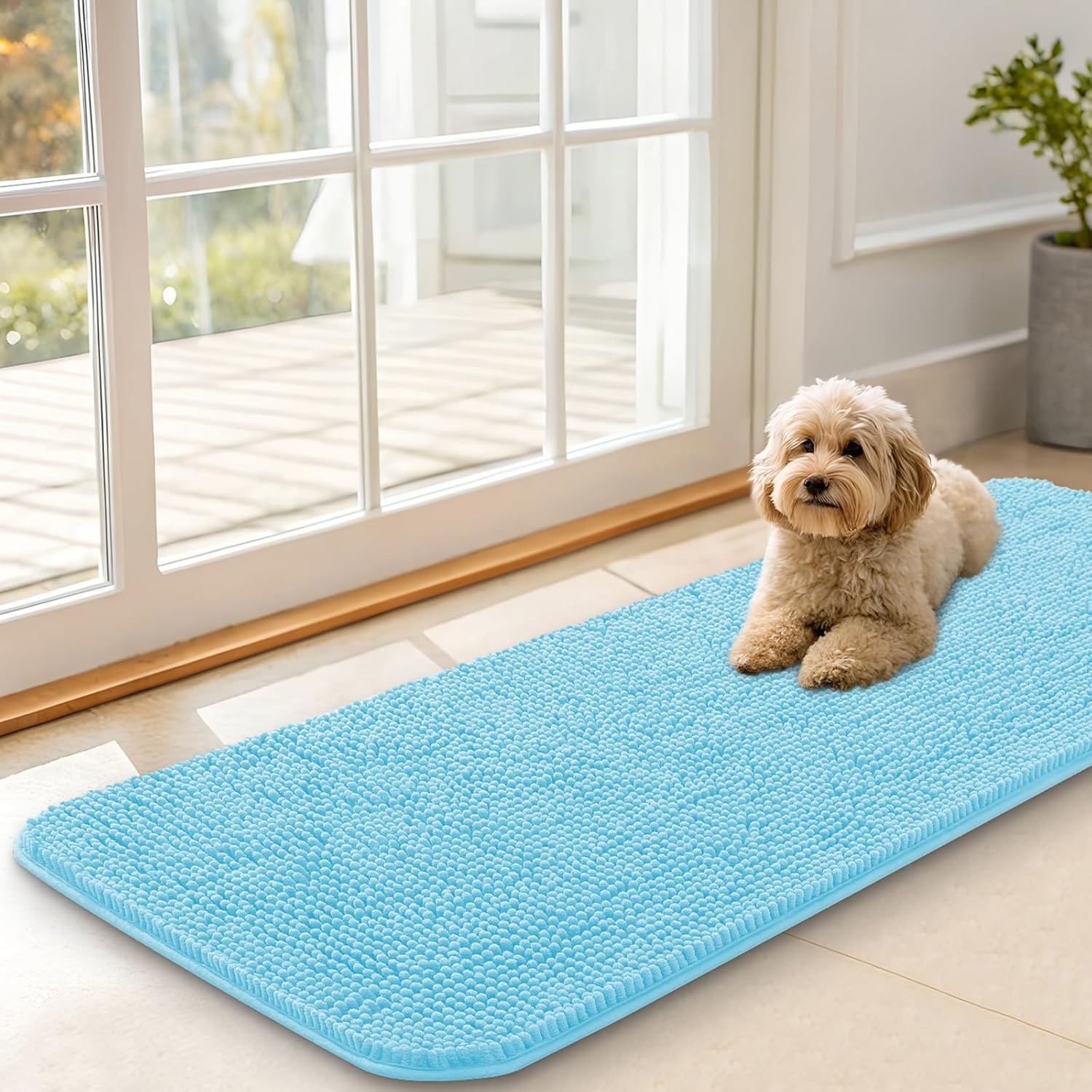 OLANLY Dog Door Mat for Muddy Paws 70x24, Absorbs Moisture and Dirt, Absorbent Non-Slip Washable Doormat, Quick Dry Chenille Mud Mat for Dogs, Entry Indoor Entryway Carpet for Inside Floor, Beige