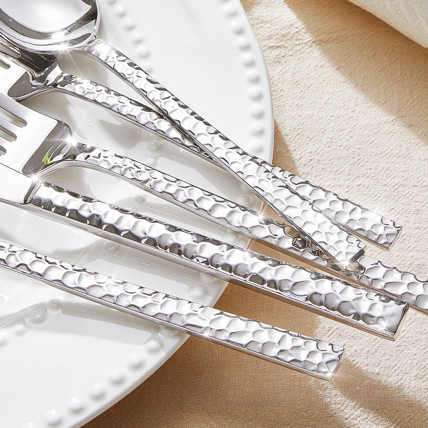 KINGSTONE 60 Piece Hammered Silverware Set and 8 Piece Serving Utensils Set