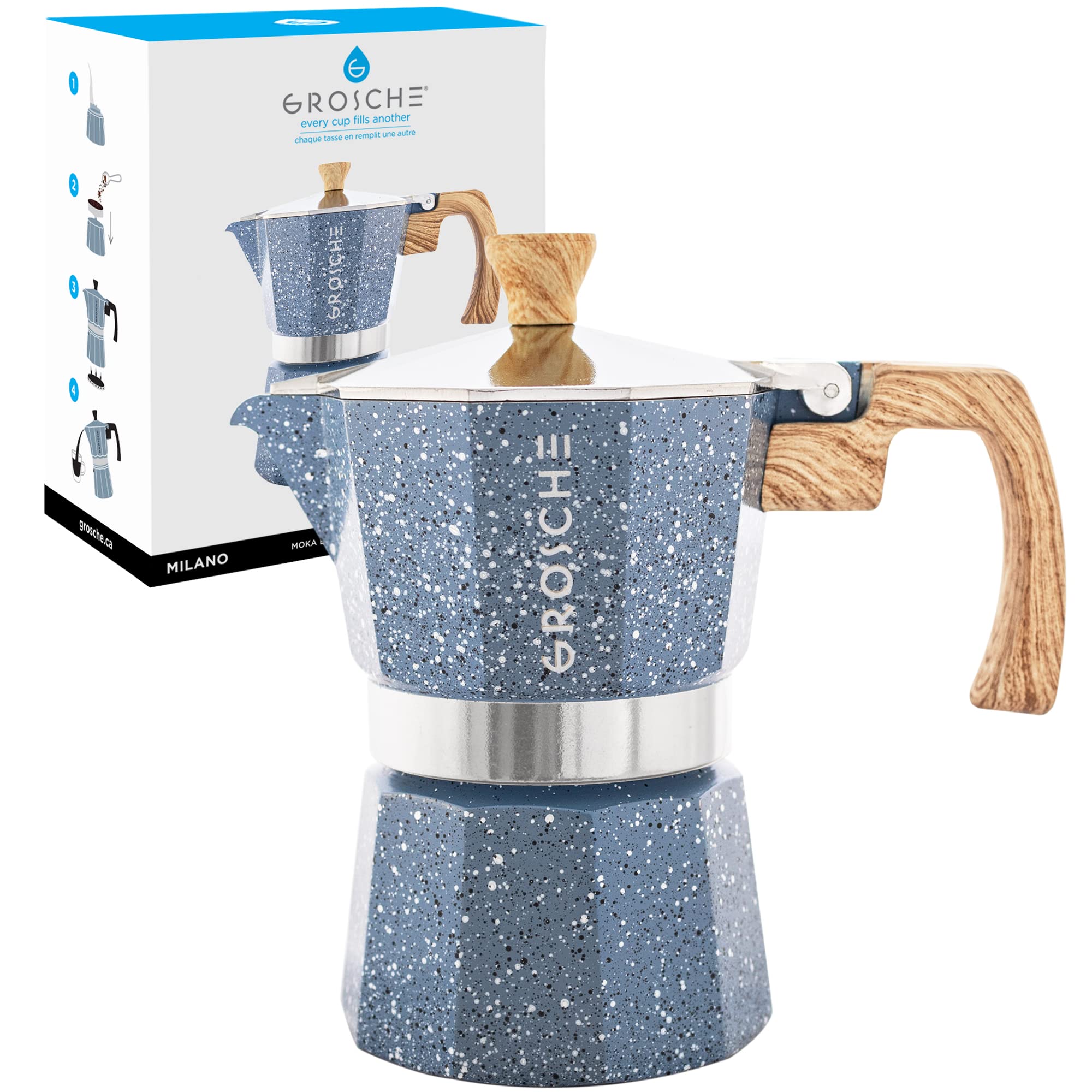 GROSCHE Milano Moka pot, Stovetop Espresso maker, Greca Coffee Maker, Stovetop coffee maker and espresso maker percolator (Grey, 6 cup)