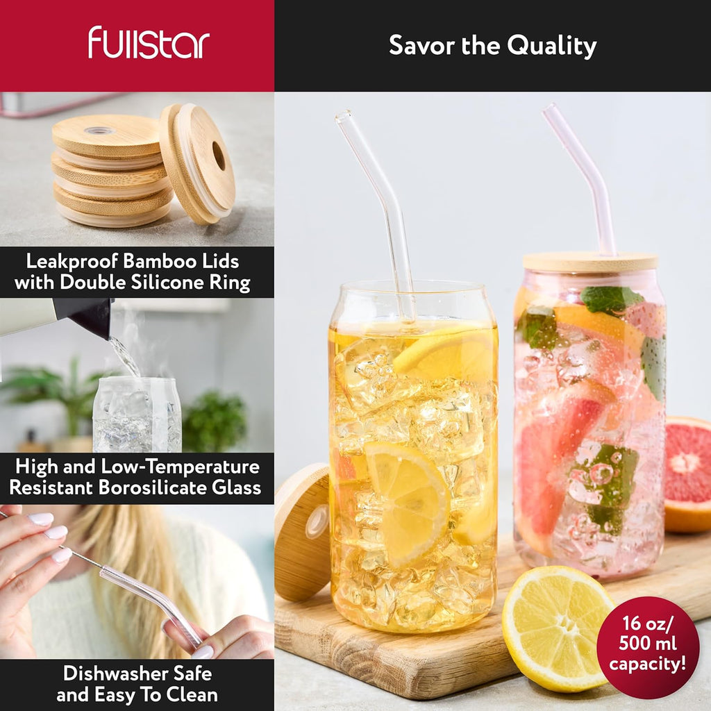 fullstar Glass Tumblers with Lids and Straws – Reusable Iced Coffee Cups with Bamboo Lids (Multicolor, 8 Pack)