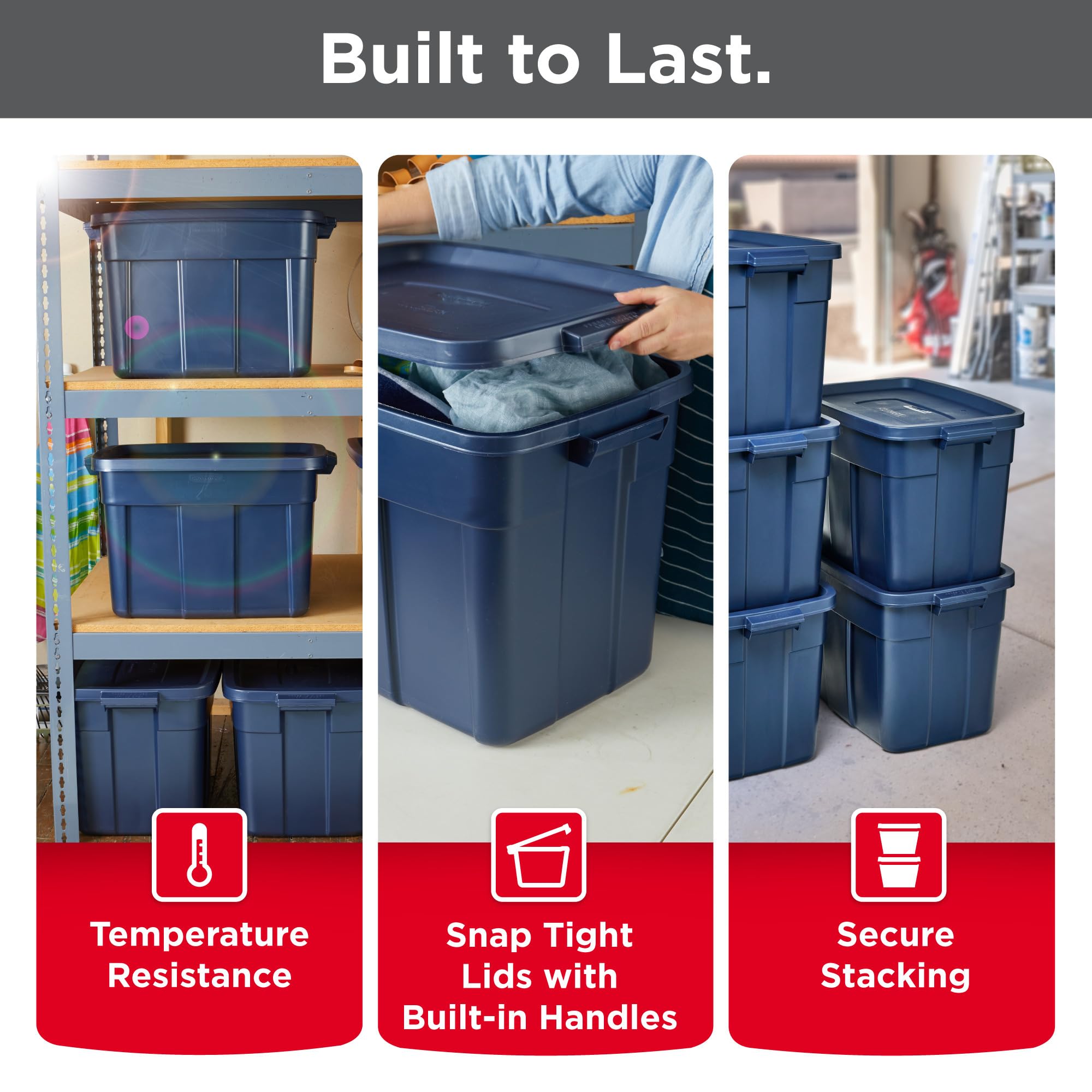 Rubbermaid Roughneck Tote 14 Gal, 6 Pack, Made in USA, Dark Indigo Metallic, Rugged Plastic Stackable Storage Bins with Lids and Handles