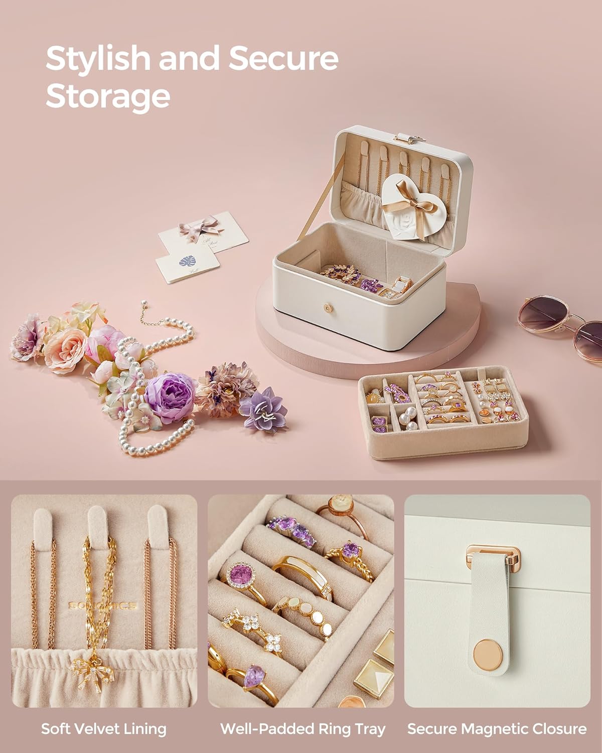 SONGMICS Jewelry Organizer Box, Travel Jewelry Case, 2-Layer Travel Case for Earrings, Necklaces, Bracelets - Portable Jewelry Storage with Large Capacity, Gift Idea, Cloud White UJBC166W01