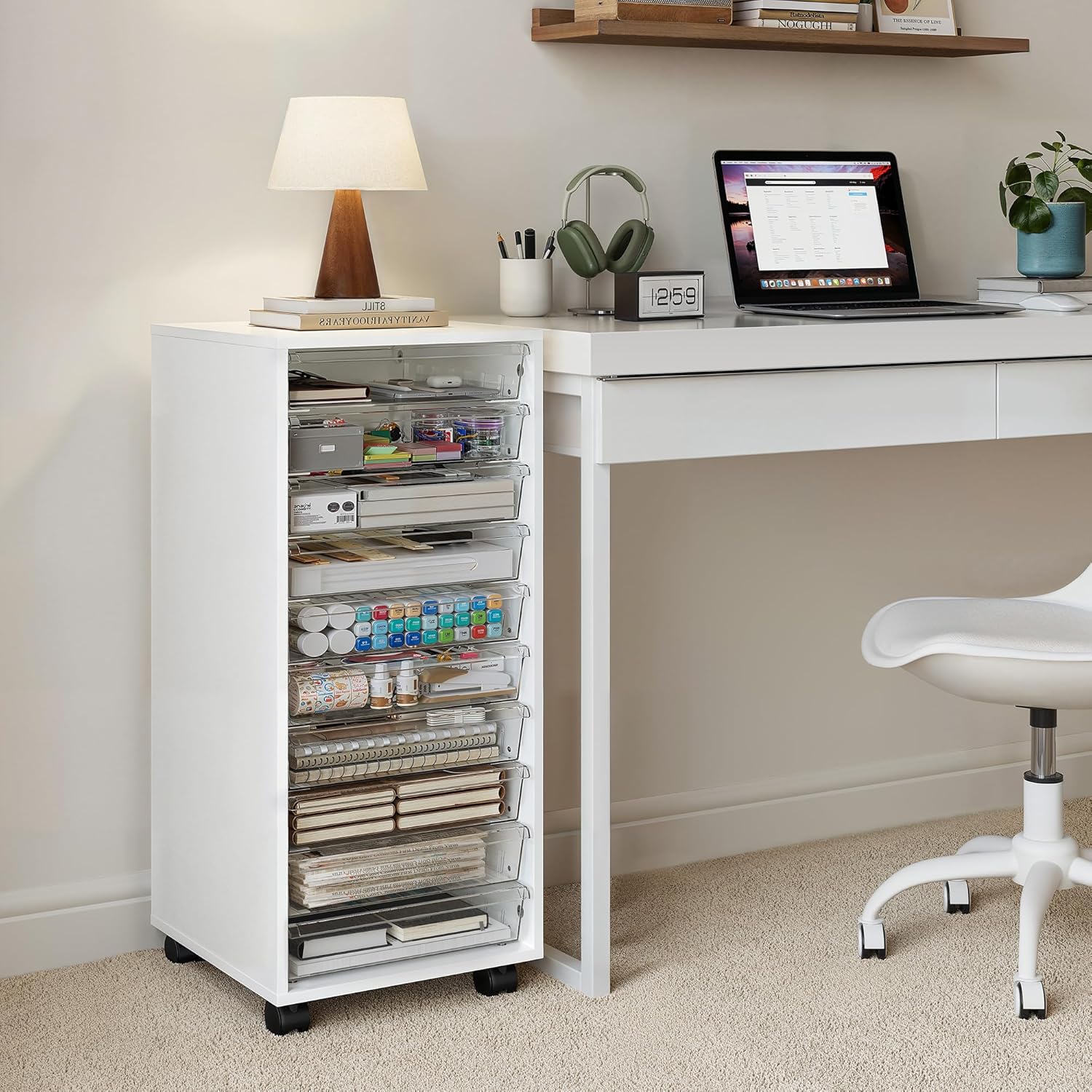 WOPITUES Room Storage Solution,Storage Drawer Cart, Mobile Storage Cabinet, Wood Floating Shelves Set of 6